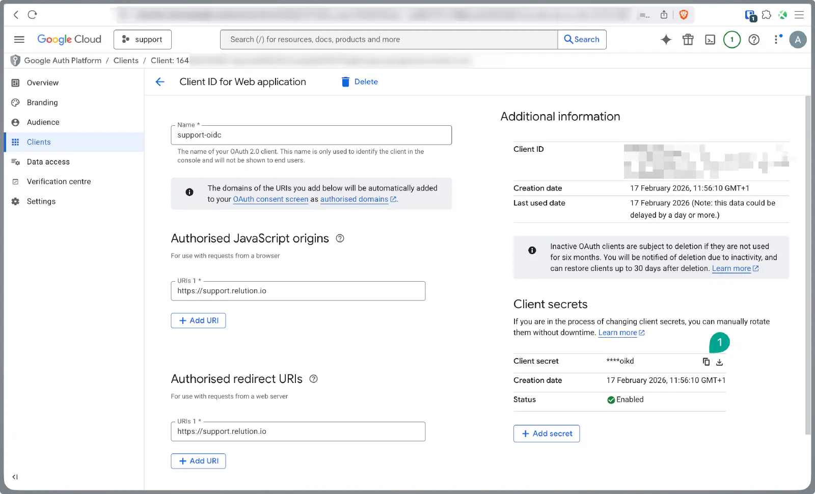 Copier le Client Secret depuis les détails du client OAuth dans la Google Cloud Console