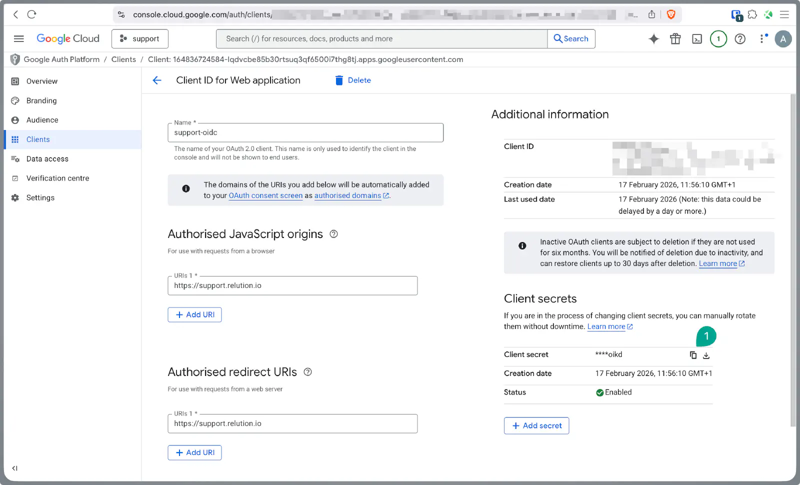 Google OAuth client secret value displayed for copying to Relution OIDC configuration