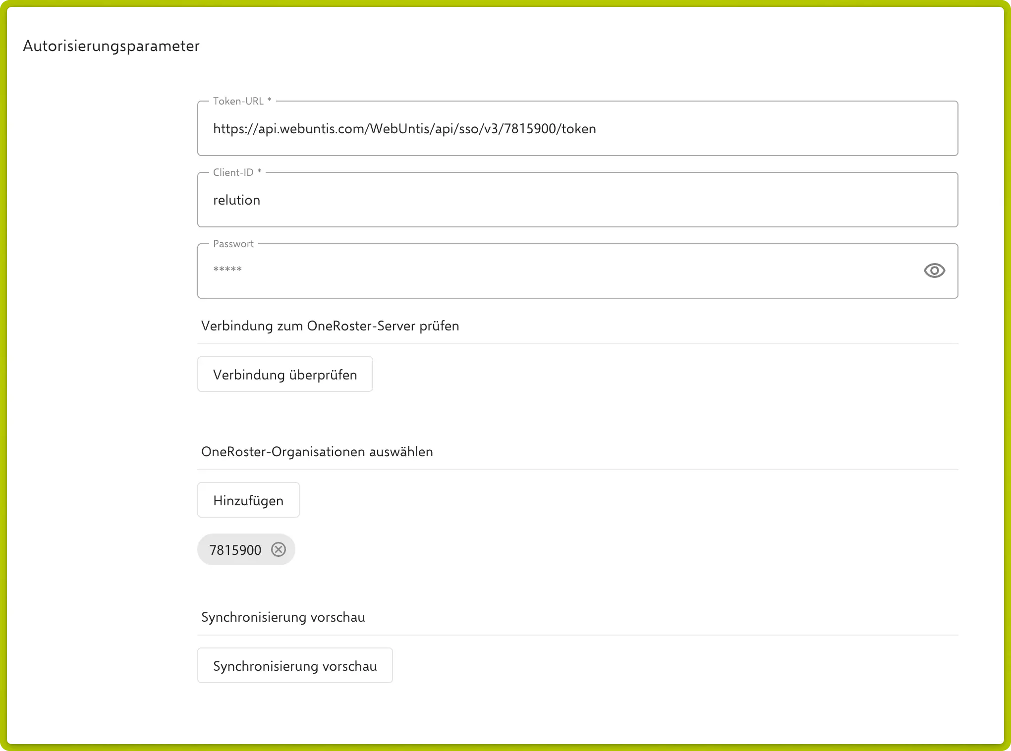 Autorisierungsparameter mit Token-URL, Client-ID und Passwort sowie Auswahl der OneRoster-Organisationen und Synchronisierungsvorschau