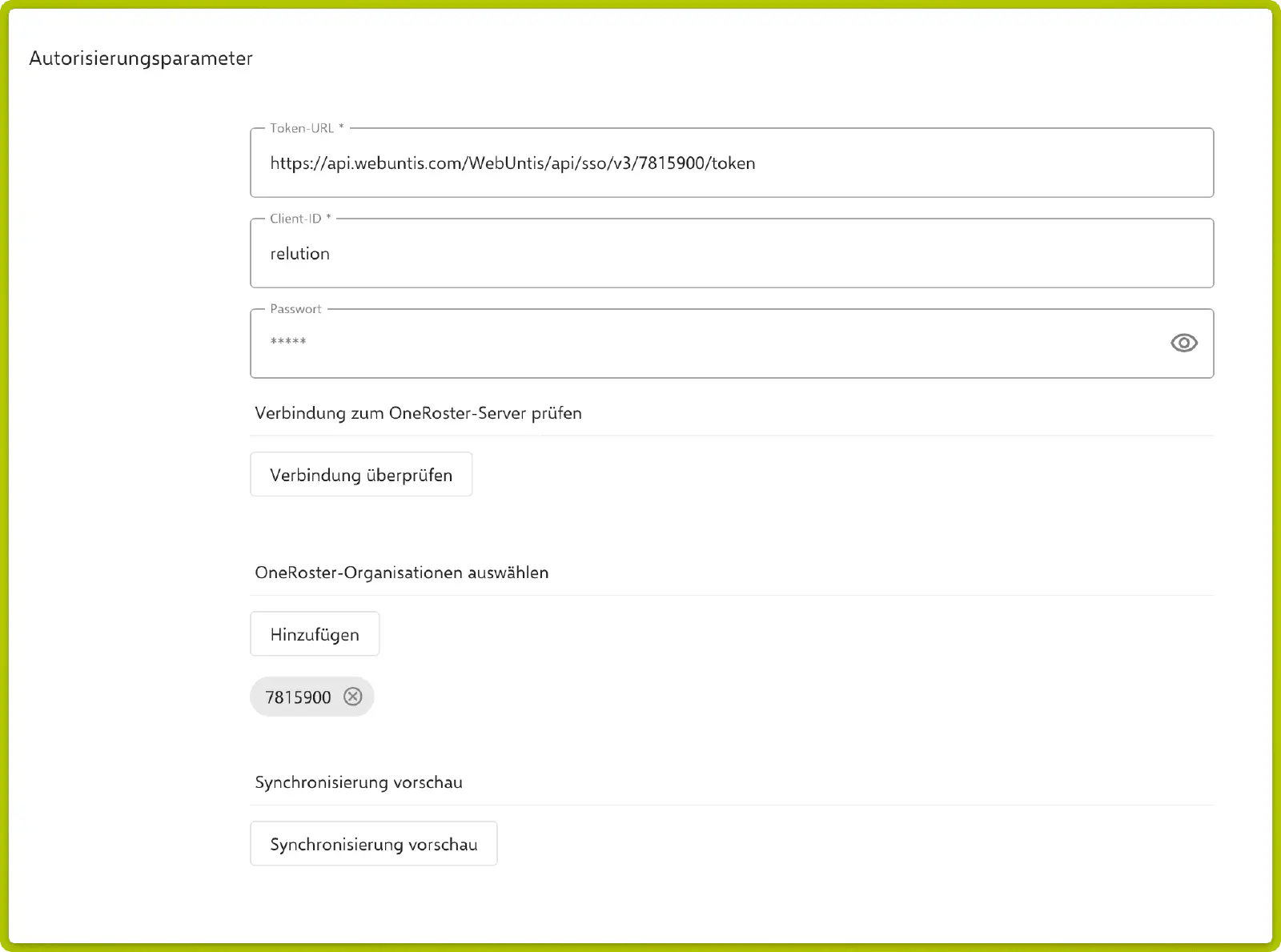 Autorisierungsparameter mit Token-URL, Client-ID und Passwort sowie Auswahl der OneRoster-Organisationen und Synchronisierungsvorschau