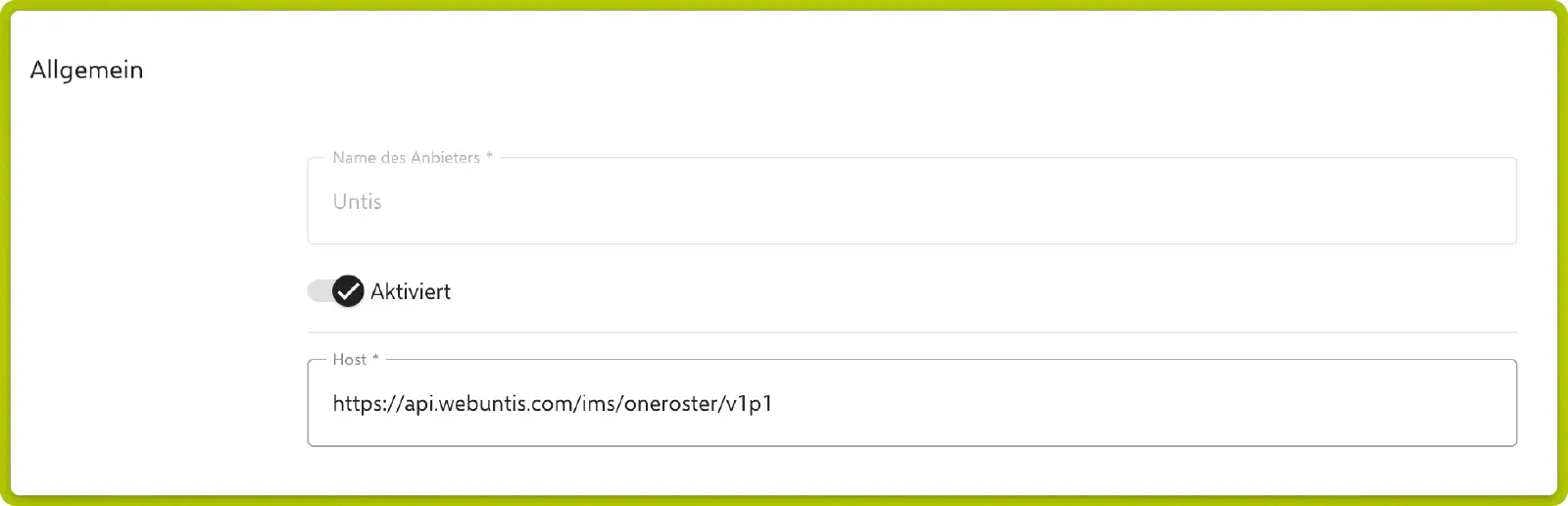 Allgemeine Einstellungen der OneRoster Schnittstelle mit Anbietername, Aktivierungsschalter und Host-URL