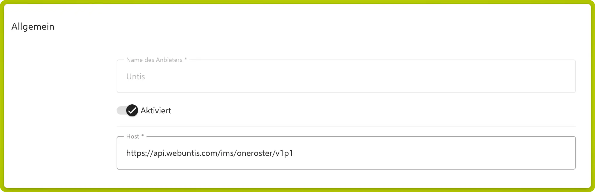 Allgemeine Einstellungen der OneRoster Schnittstelle mit Anbietername, Aktivierungsschalter und Host-URL