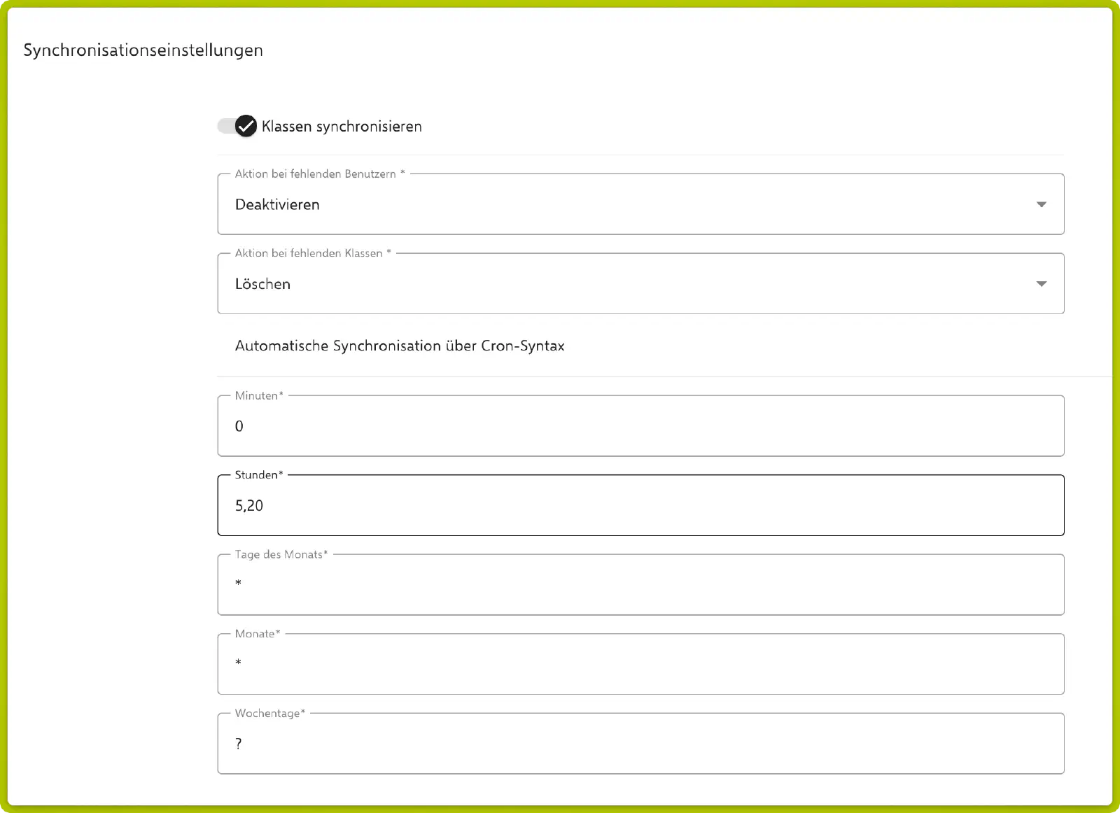 Synchronisationseinstellungen mit Klassen synchronisieren, Aktionen bei fehlenden Benutzern/Klassen und Cron-Syntax für die automatische Synchronisation