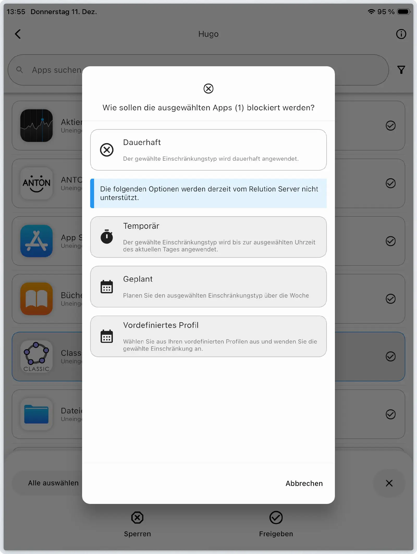 Apps auf Kindergerät in Relution Parent App blockieren oder freigeben
