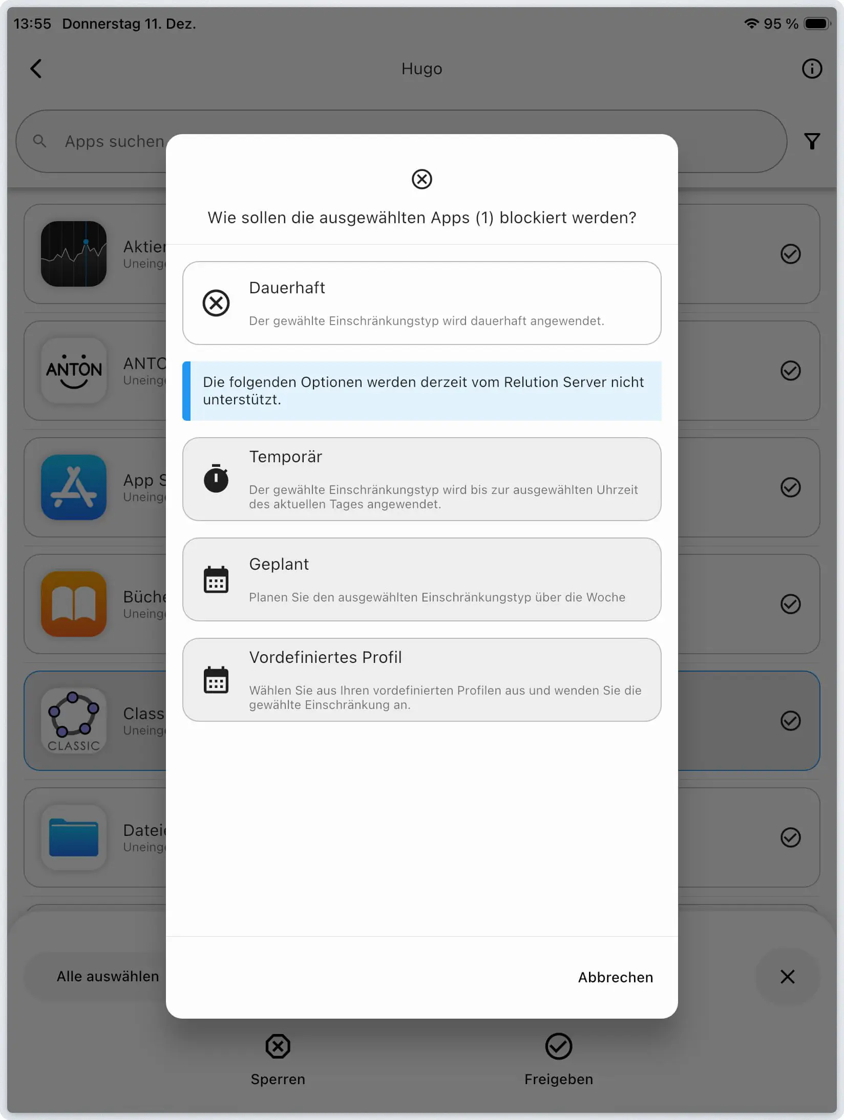 Apps auf Kindergerät in Relution Parent App blockieren oder freigeben