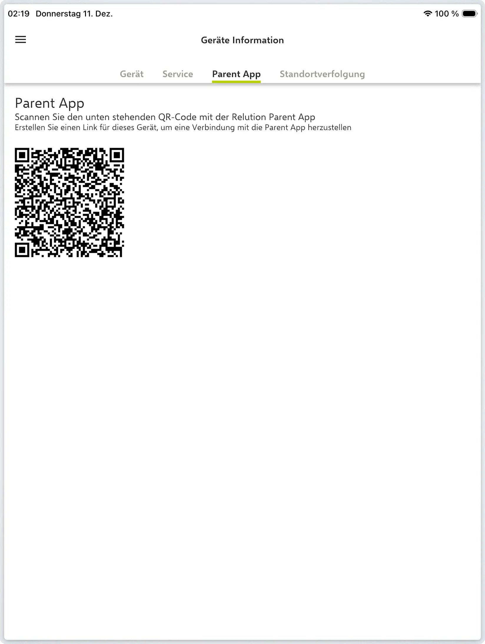 Parent App Bereich in der Relution Agent App auf dem Schülergerät öffnen