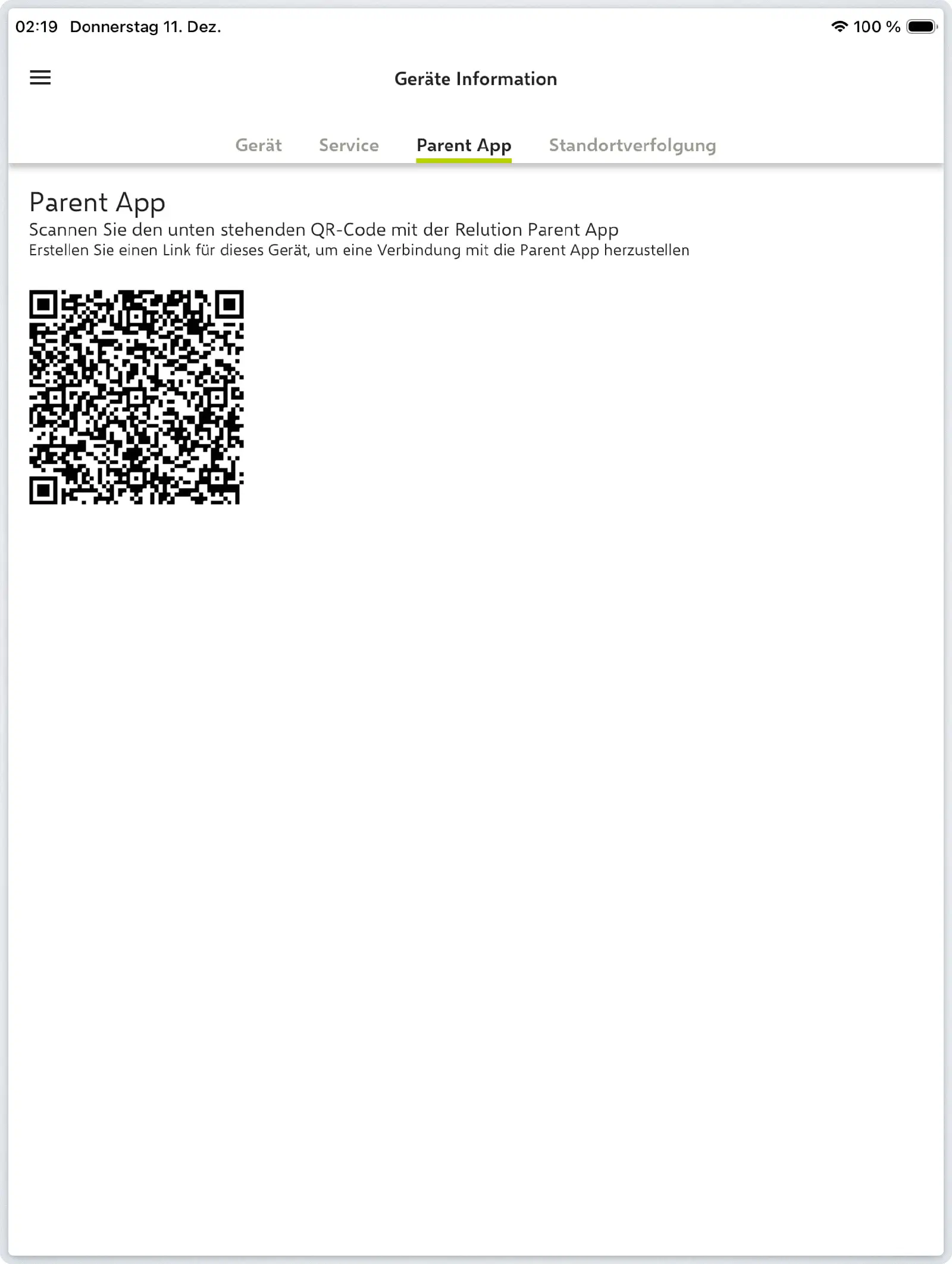 Parent App Bereich in der Relution Agent App auf dem Schülergerät öffnen