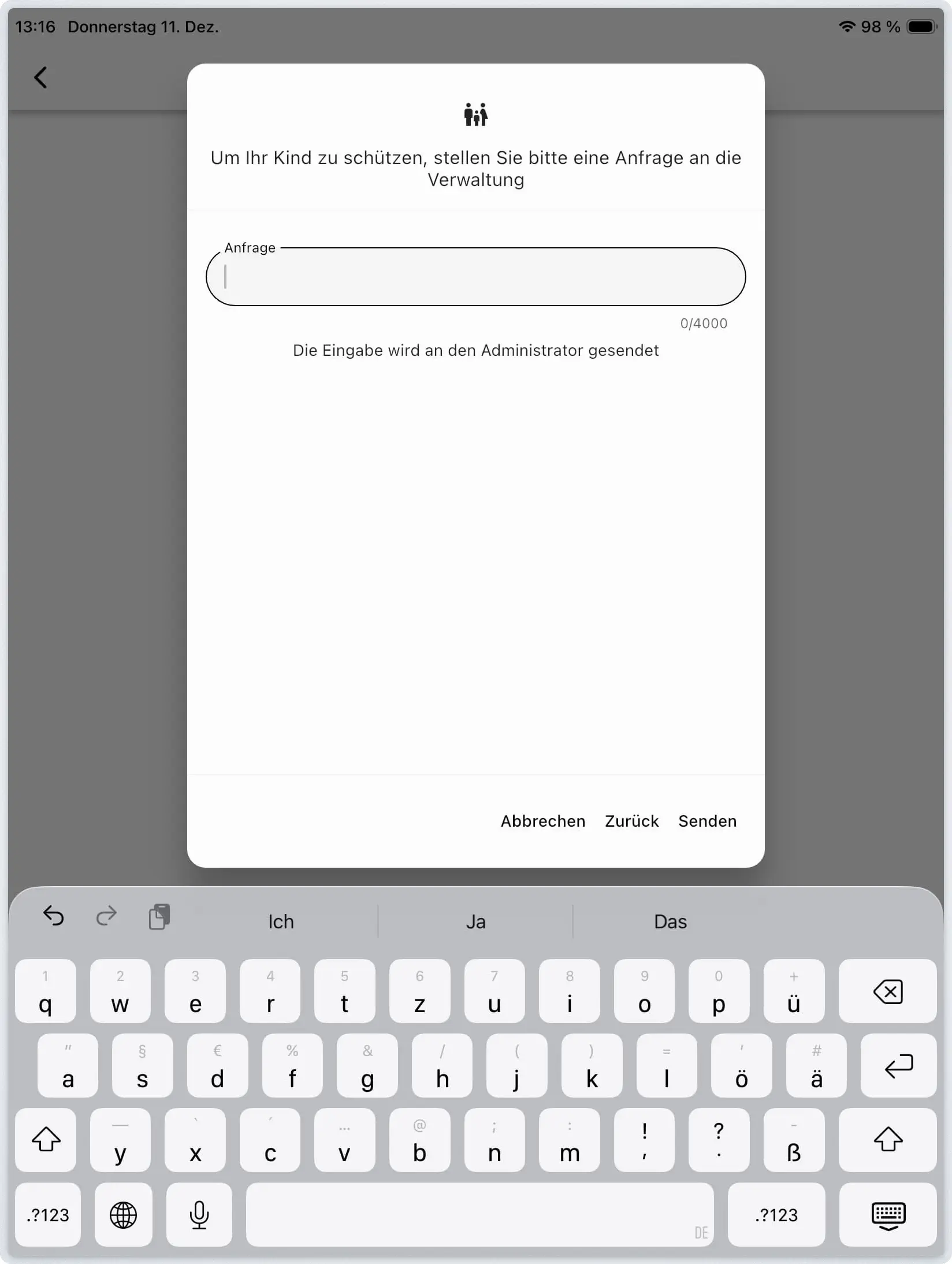 E-Mail-Adresse in Relution Parent App eingeben und bestätigen