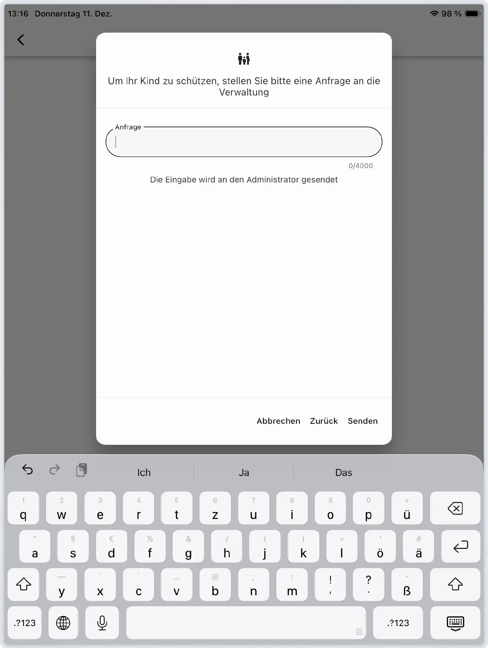 E-Mail-Adresse in Relution Parent App eingeben und bestätigen