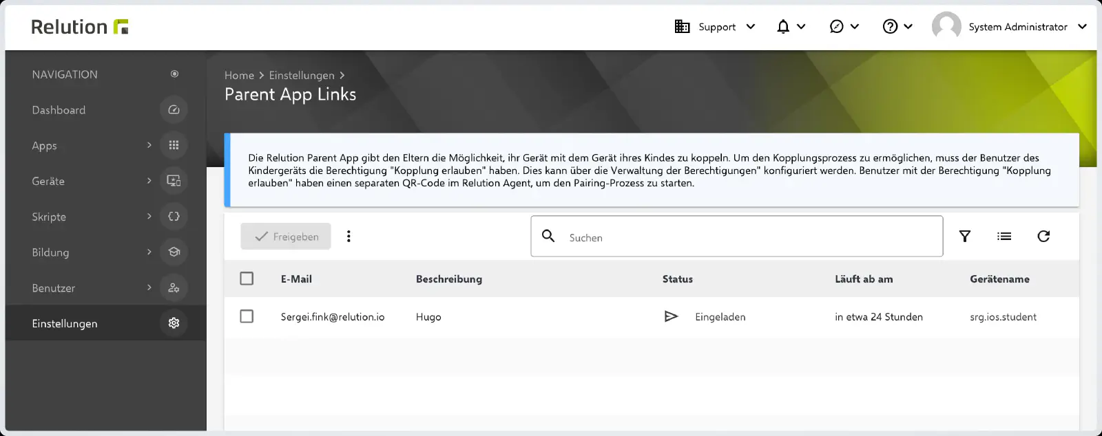 Parent App Kopplungsanfragen im Relution Adminportal verwalten