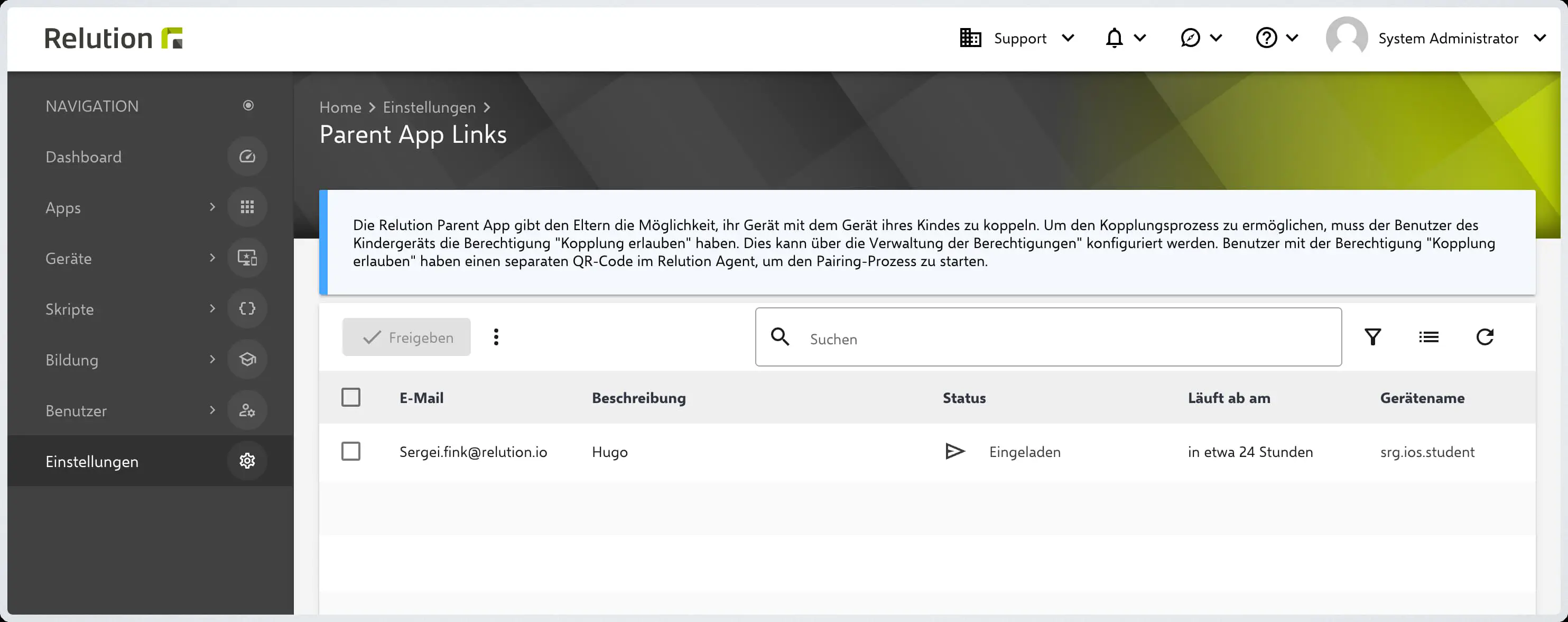 Parent App Kopplungsanfragen im Relution Adminportal verwalten