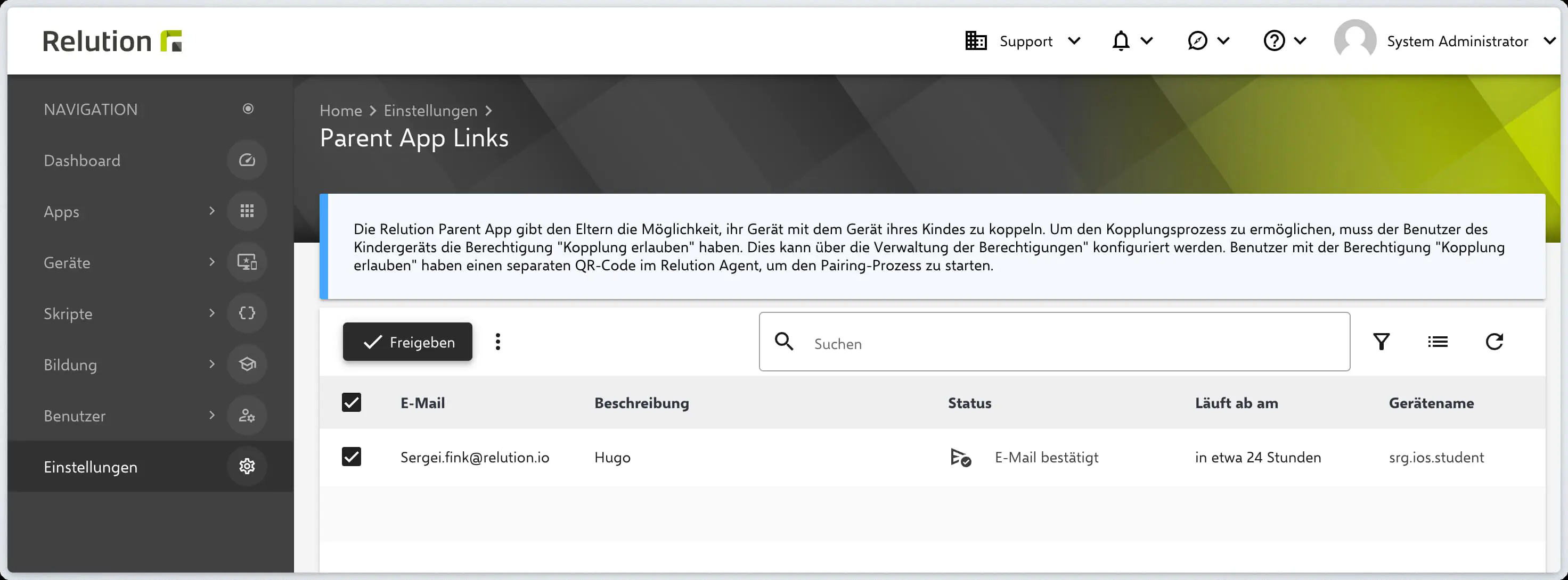Bestätigte Kopplung zwischen Parent App und Schülergerät in Relution