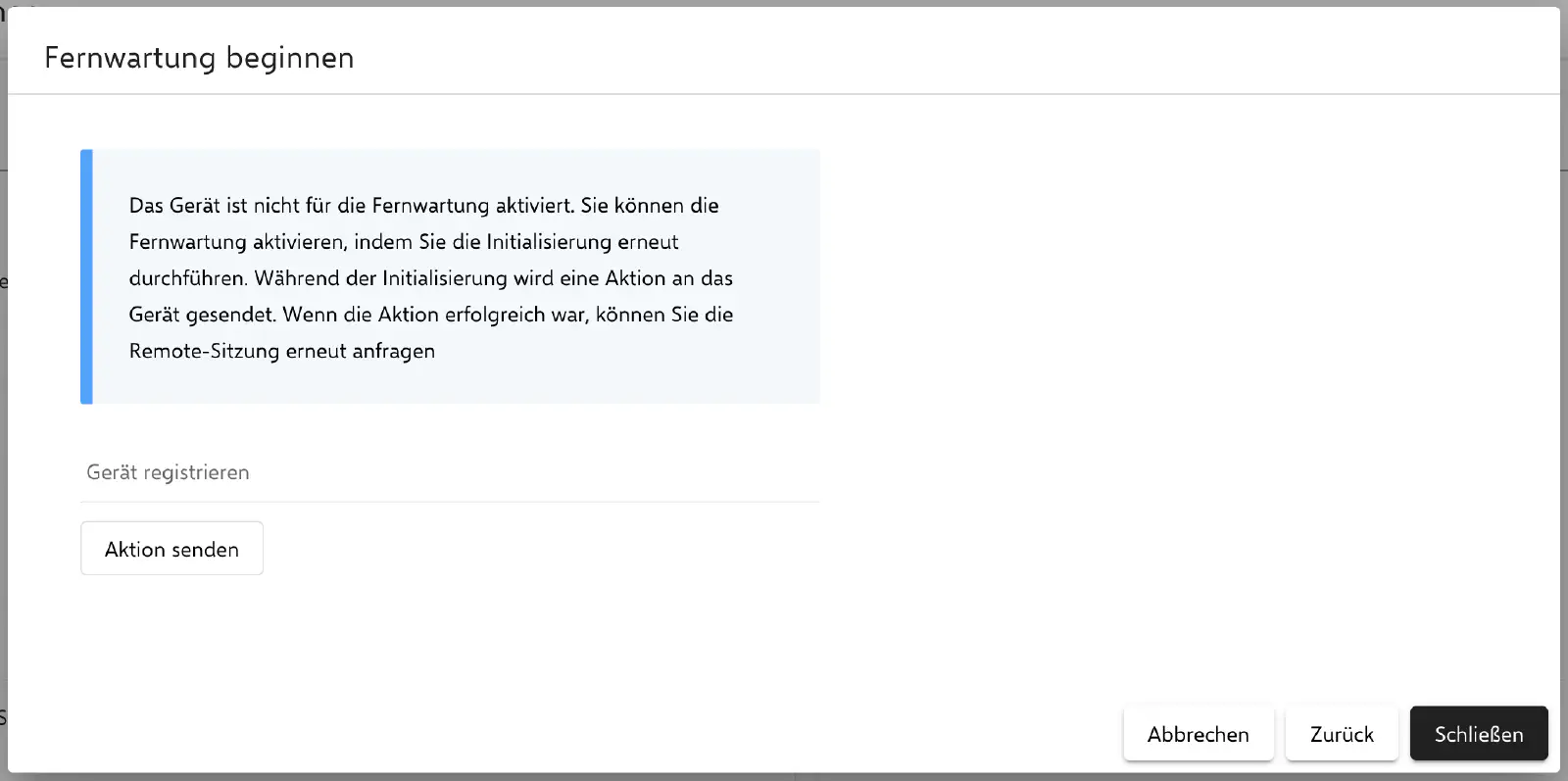 Aktion senden, um das Gerät für die Fernwartung zu registrieren