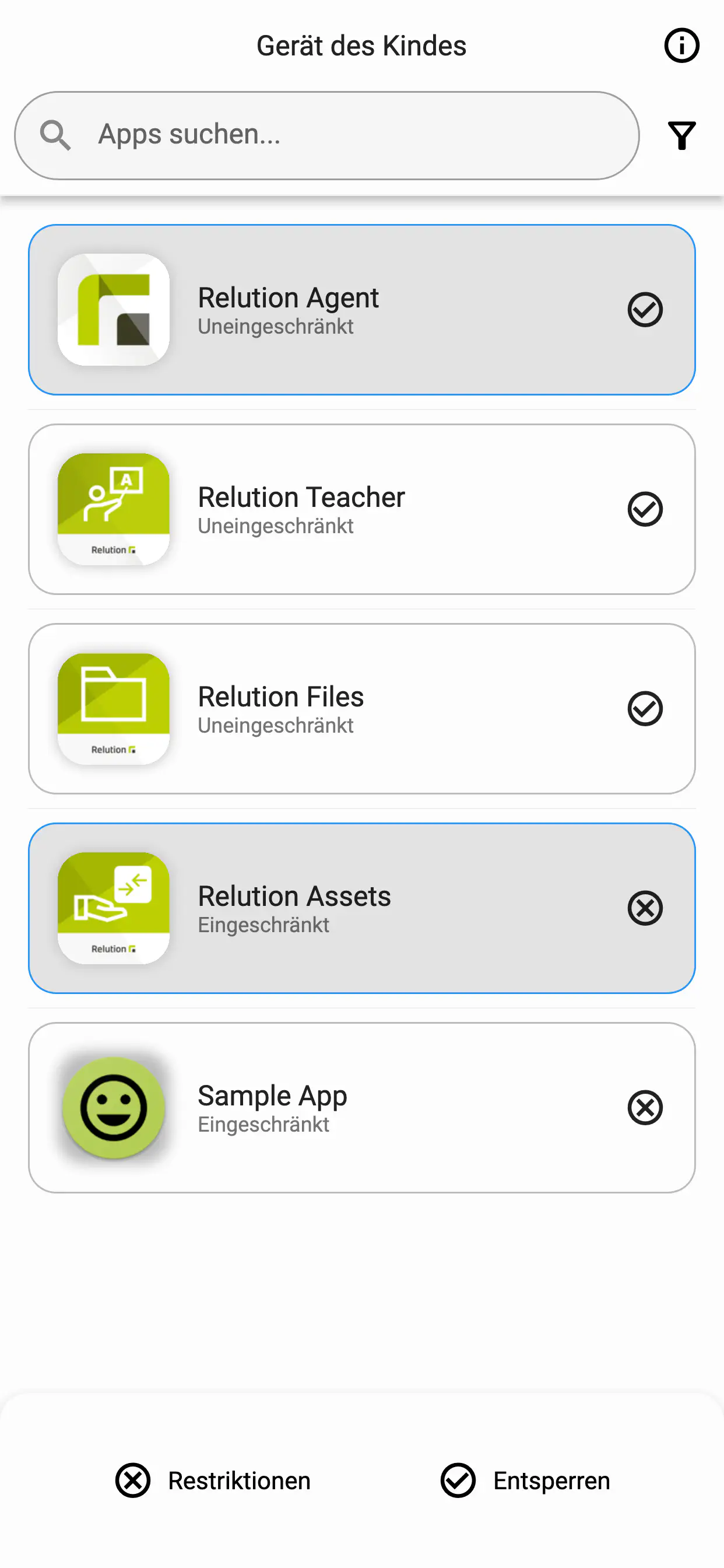 Relution Parent App - Apps blockieren/freigeben