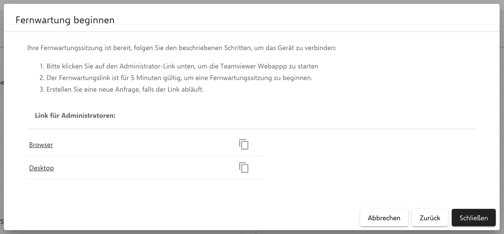 Link zur Fernwartungssitzung öffnen