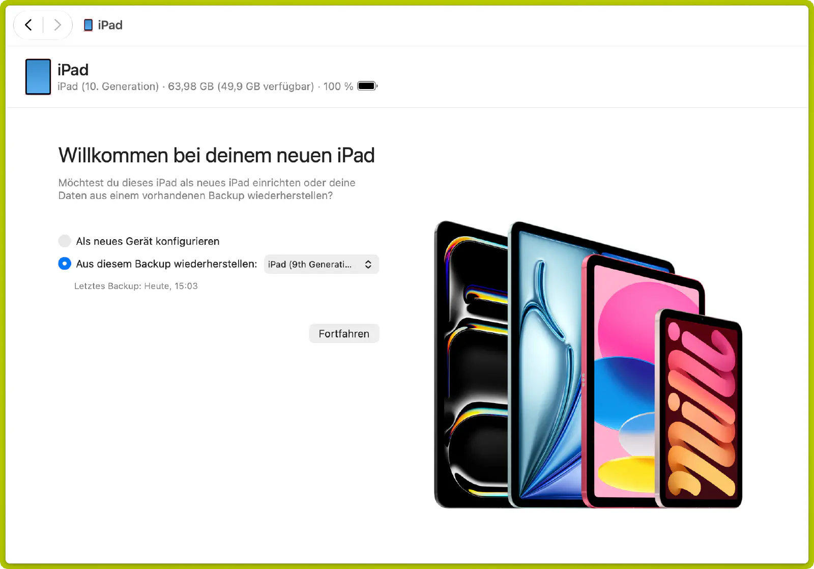 Wiederherstellung aus einem lokalen Backup über den Finder auf dem Mac auswählen