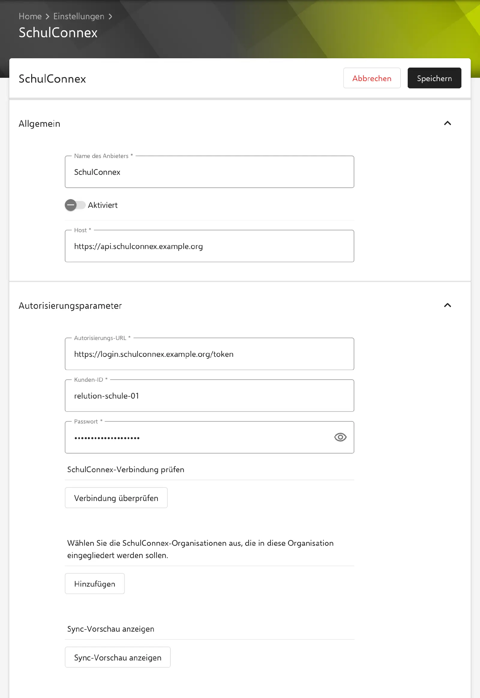 SchulConnex-Konfiguration mit Allgemein und Autorisierungsparametern