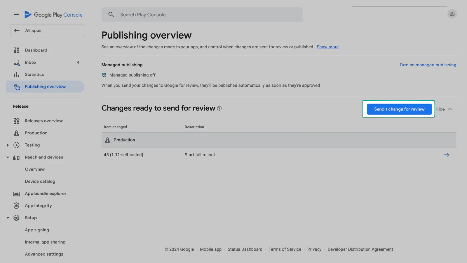 Soumission de la révision des modifications dans Google Play Console