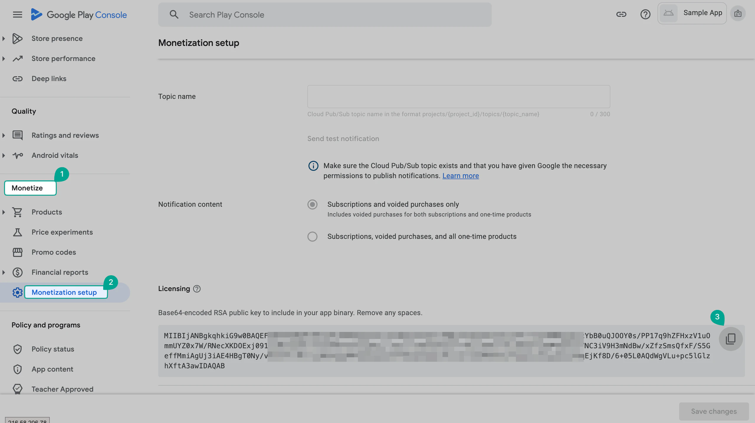 RSA-Schlüssel der App in Google Play Console Monetarisierung kopieren