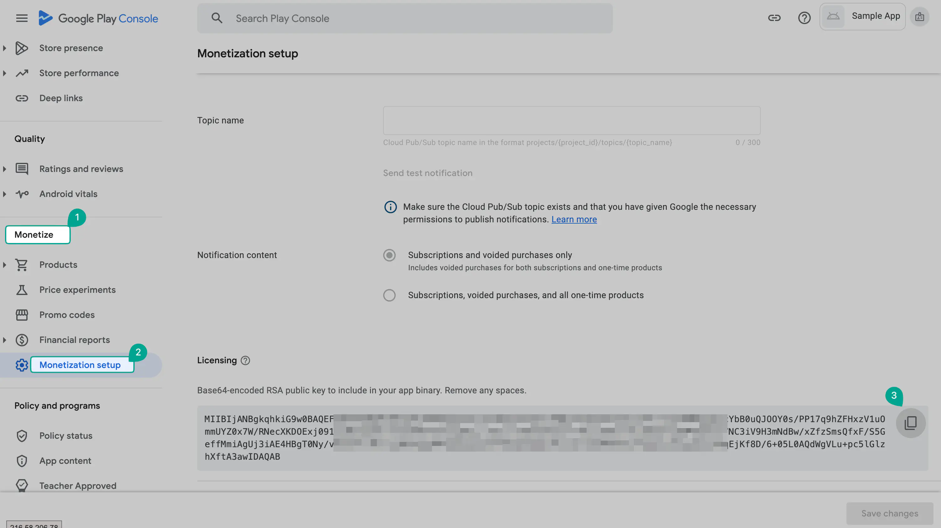RSA-Schlüssel der App in Google Play Console Monetarisierung kopieren