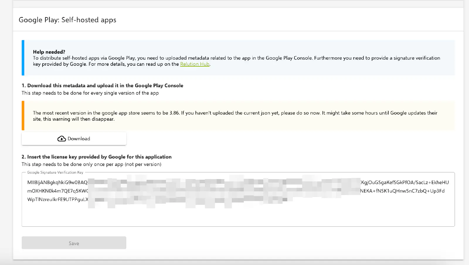 Saisie de la clé RSA dans l’onglet Information de l’application Relution