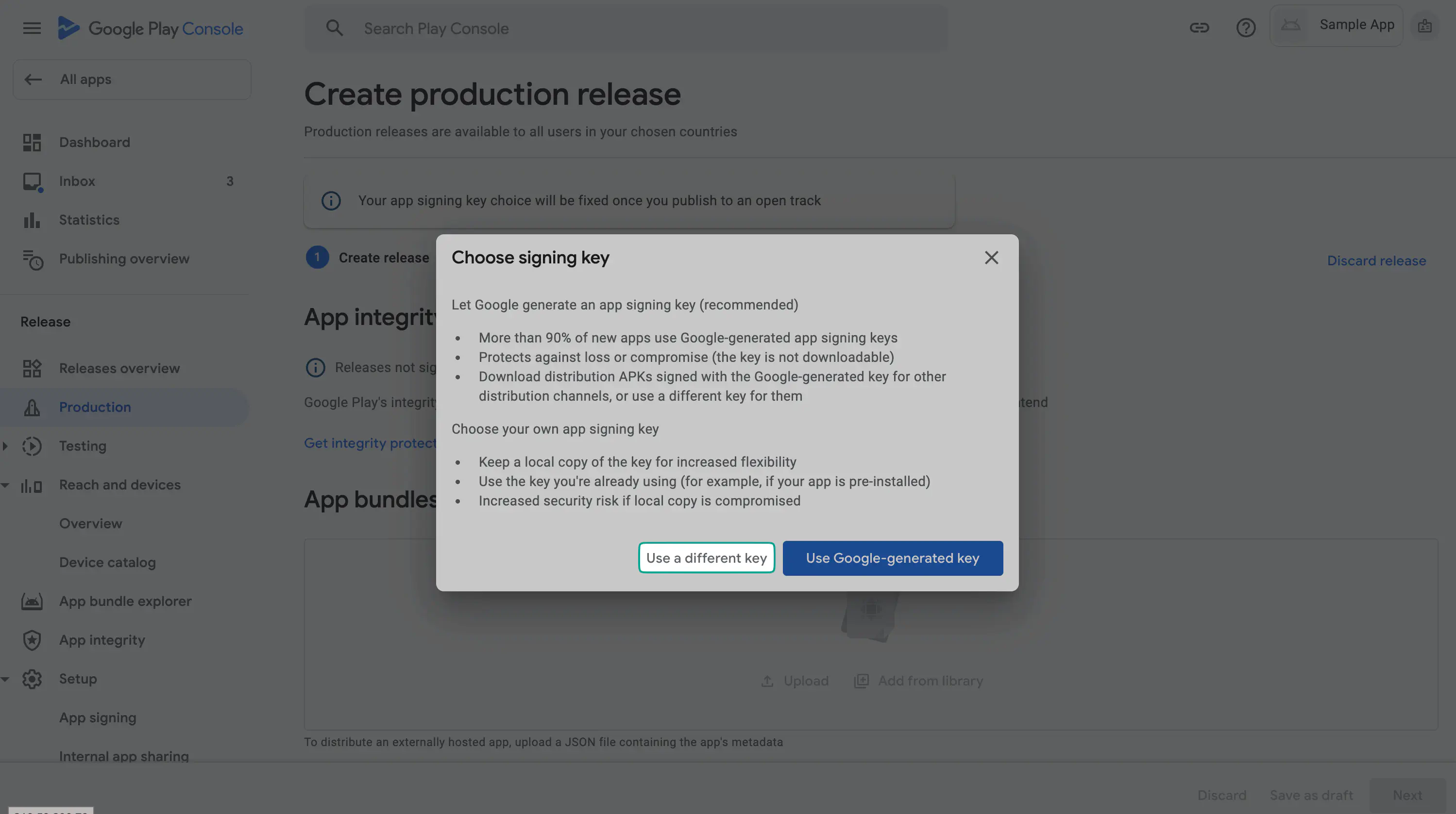 Opt out of Play App Signing Bestätigung in Google Play Console