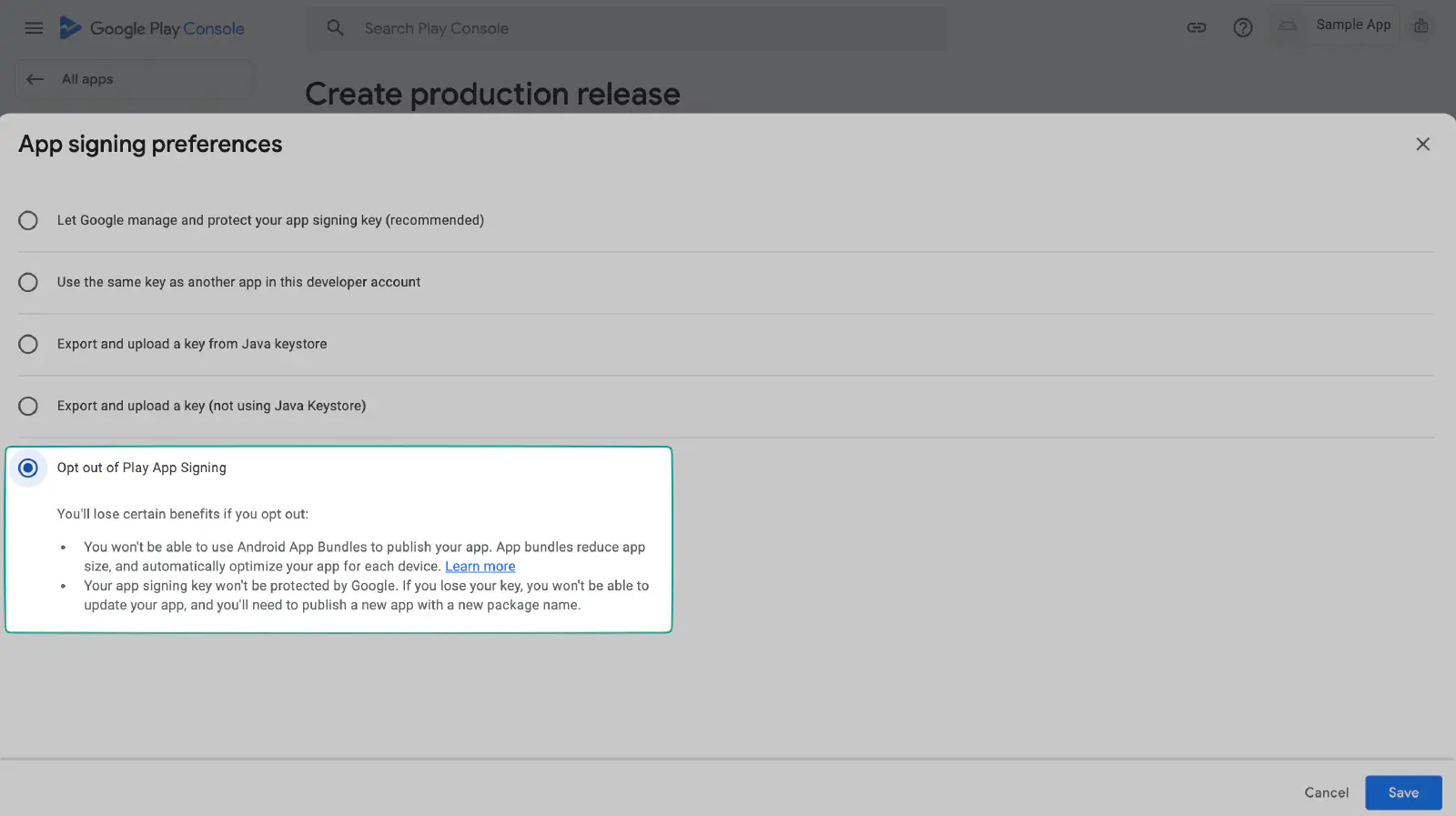 Confirmation de l’opt-out de la signature Play Store pour l’application