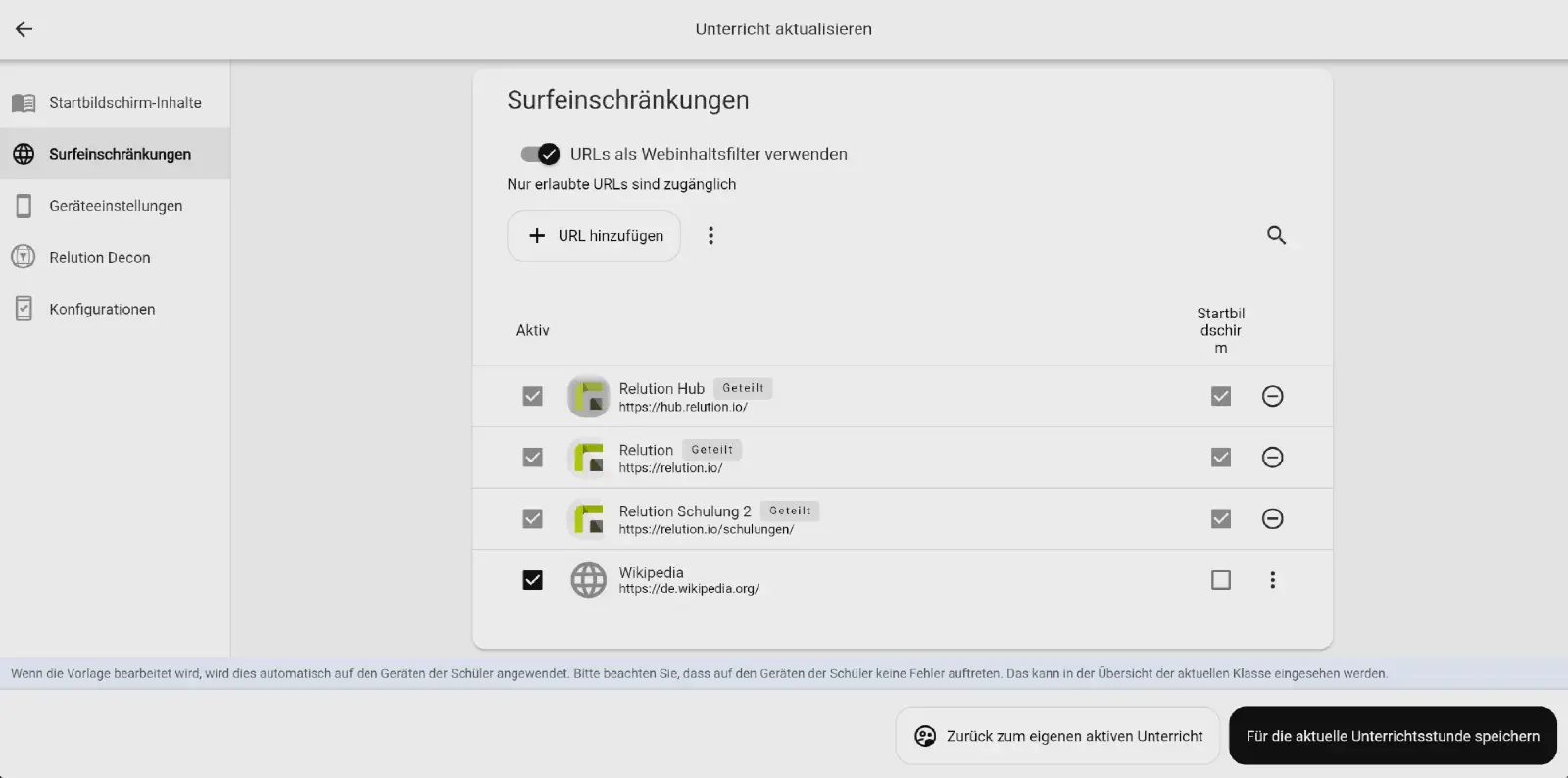 Restrictions de navigation dans Relution Teacher avec les colonnes Actif et Écran d’accueil par URL