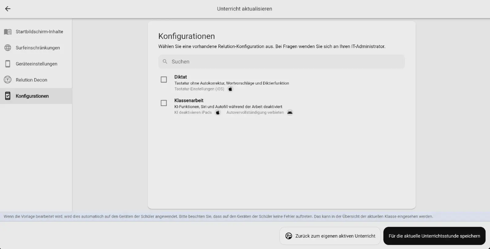 Bereich Konfigurationen in Relution Teacher mit zwei Bildungsgruppen, ihren Beschreibungen und verknüpften Richtlinien