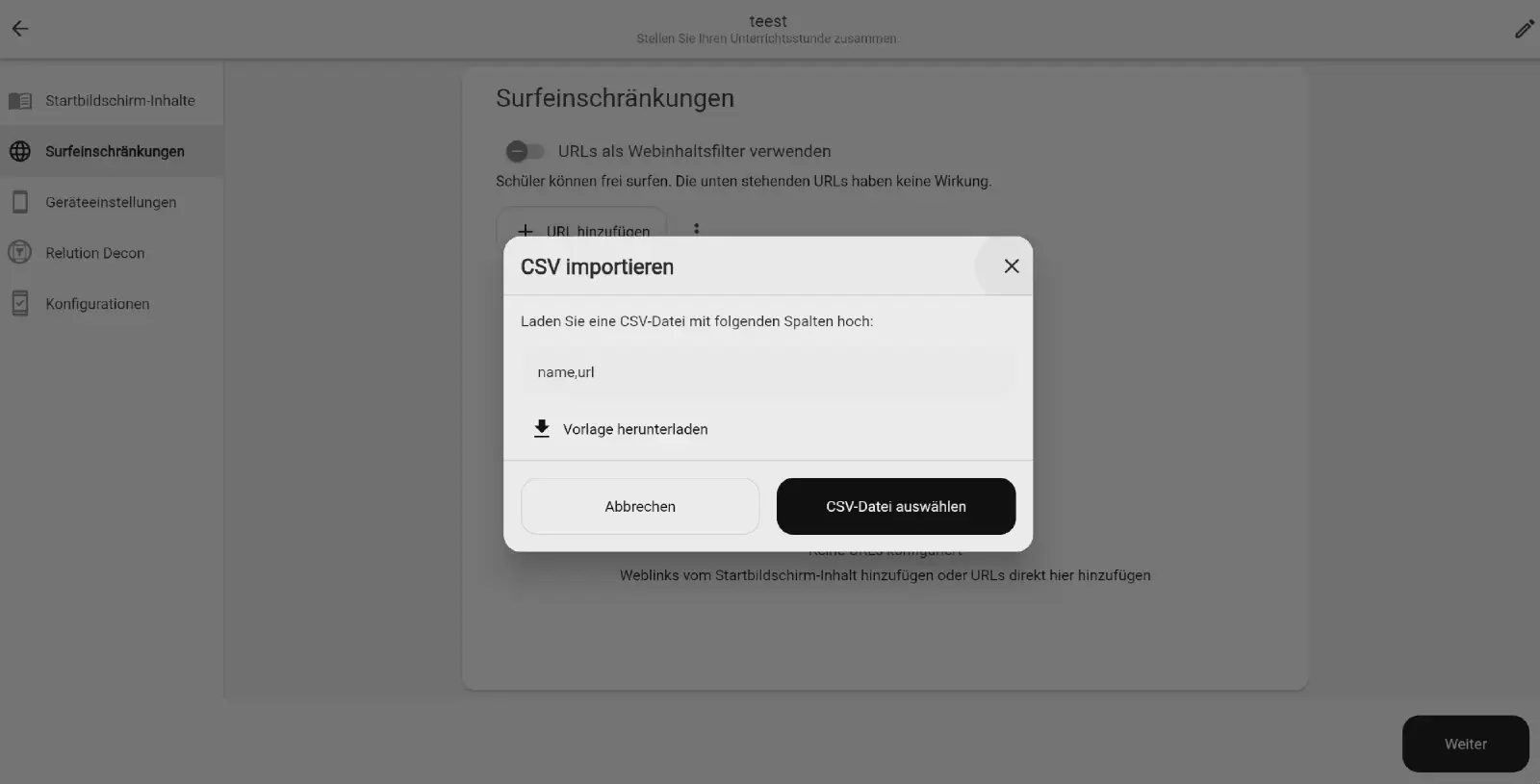 Boîte de dialogue Importer CSV dans les restrictions de navigation de Relution Teacher