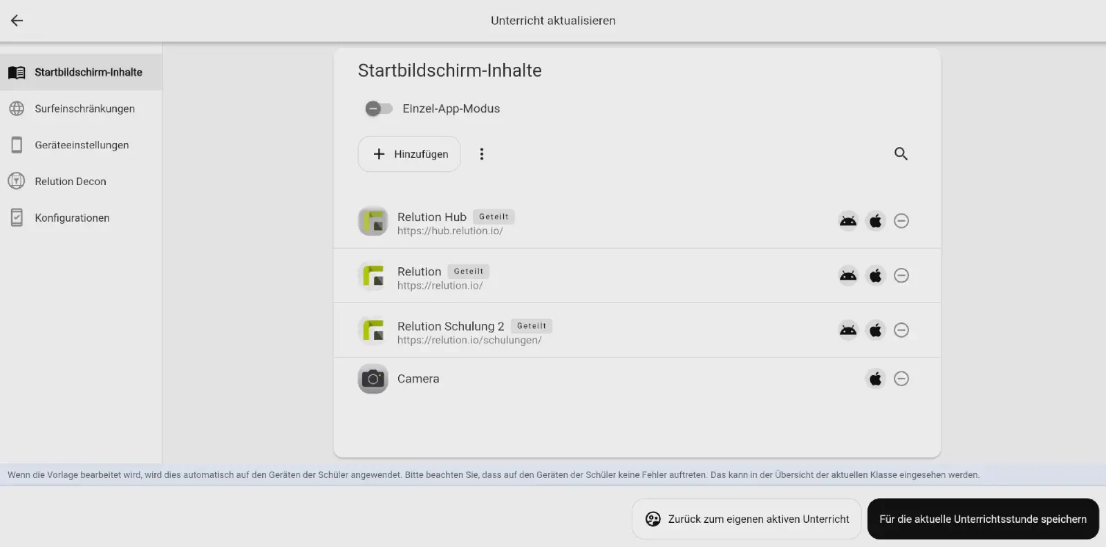 Contenu de l’écran d’accueil d’un modèle de cours dans Relution Teacher avec des liens web partagés