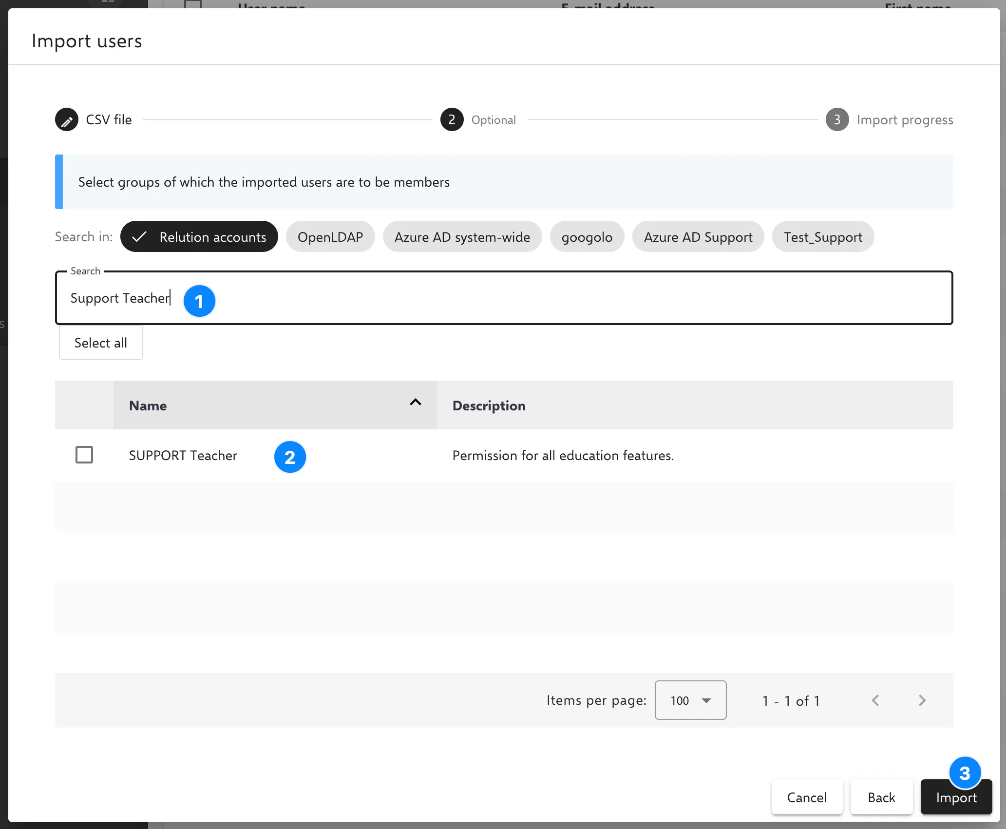 Recherche et sélection d’un modèle de permission lors de l’étape optionnelle de l’import