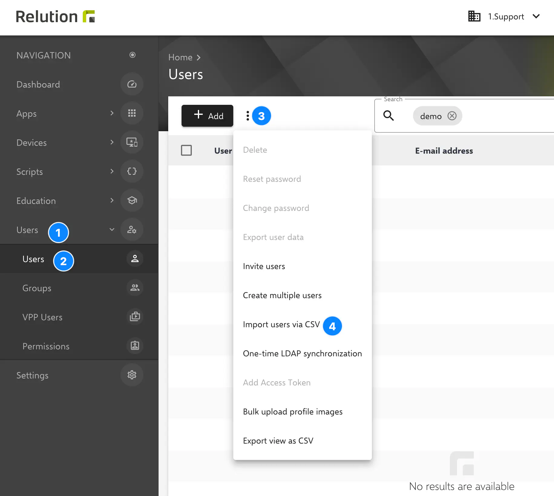 Ouverture du menu d’import via le menu 3 points dans la section Utilisateurs
