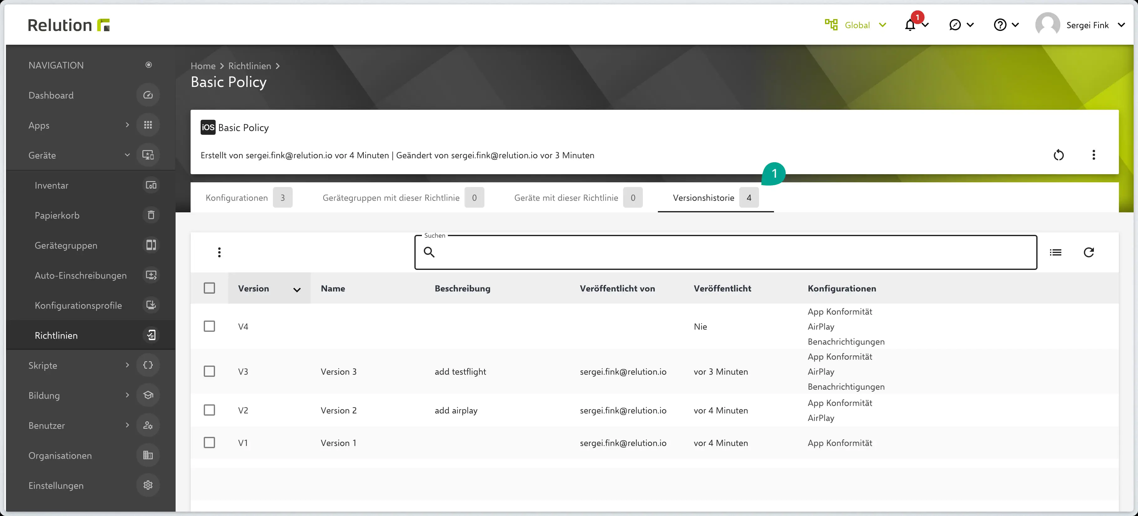 Versionshistorie einer Richtlinie mit allen Änderungen in Relution
