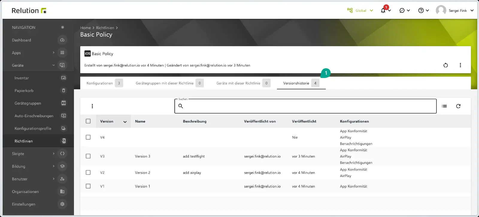 Versionshistorie einer Richtlinie mit allen Änderungen in Relution