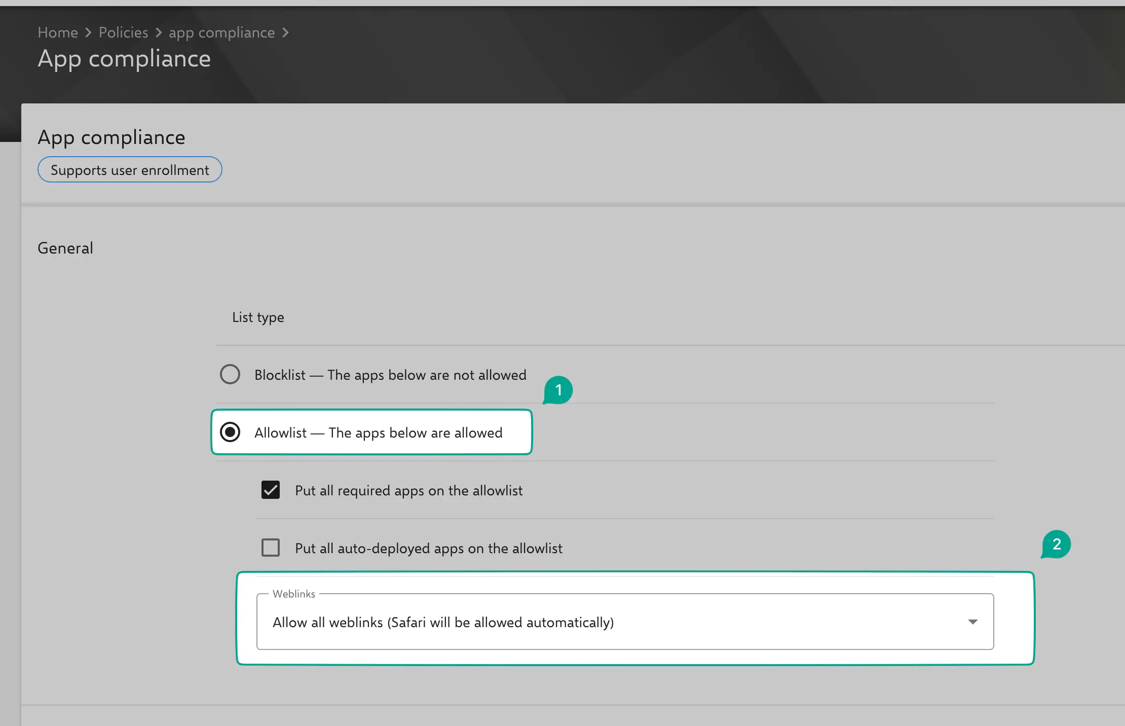 App-Konformität für Weblinks bei Relution Shared Device konfigurieren