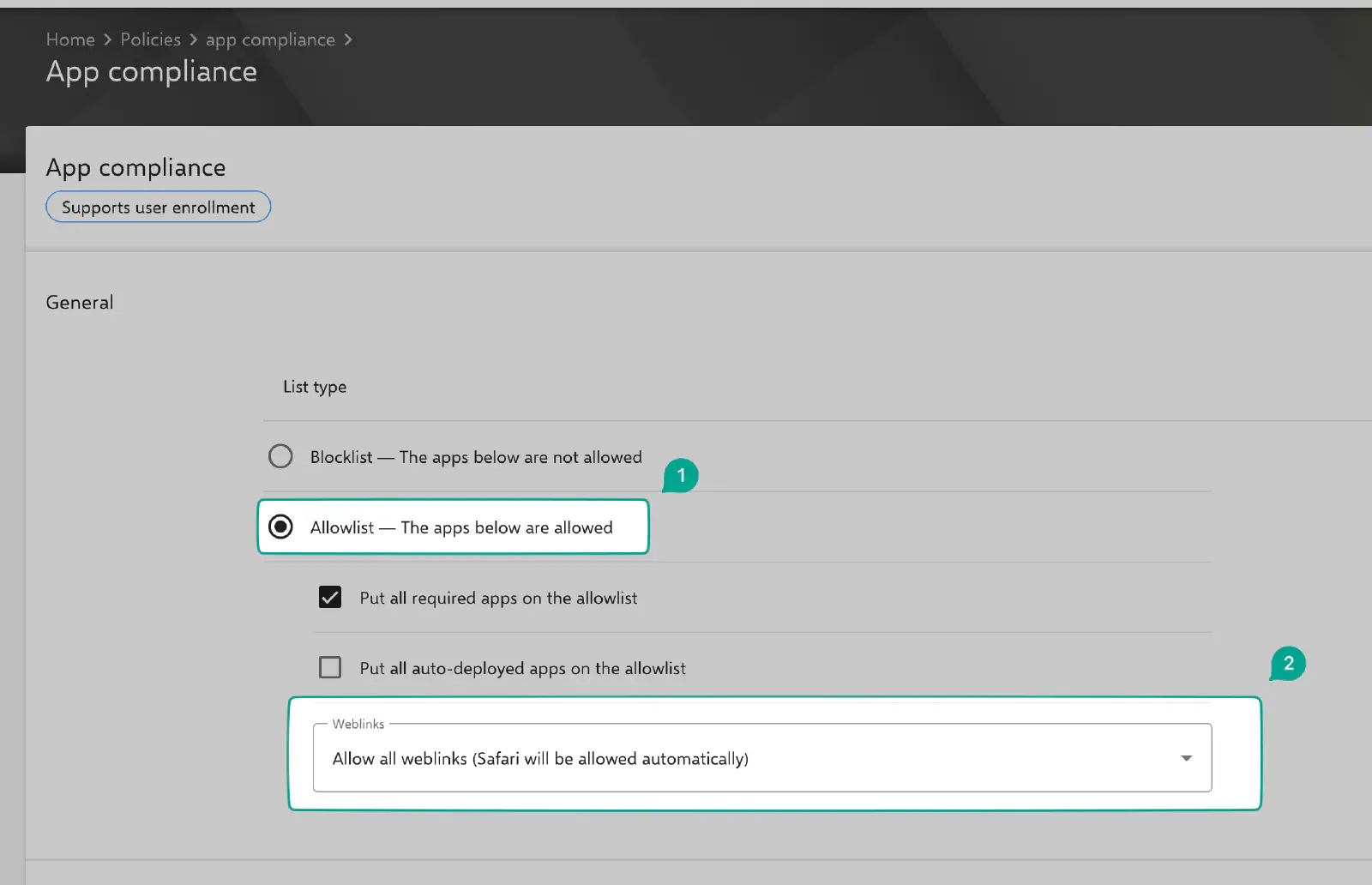 App compliance policy allowing web links on Relution shared devices