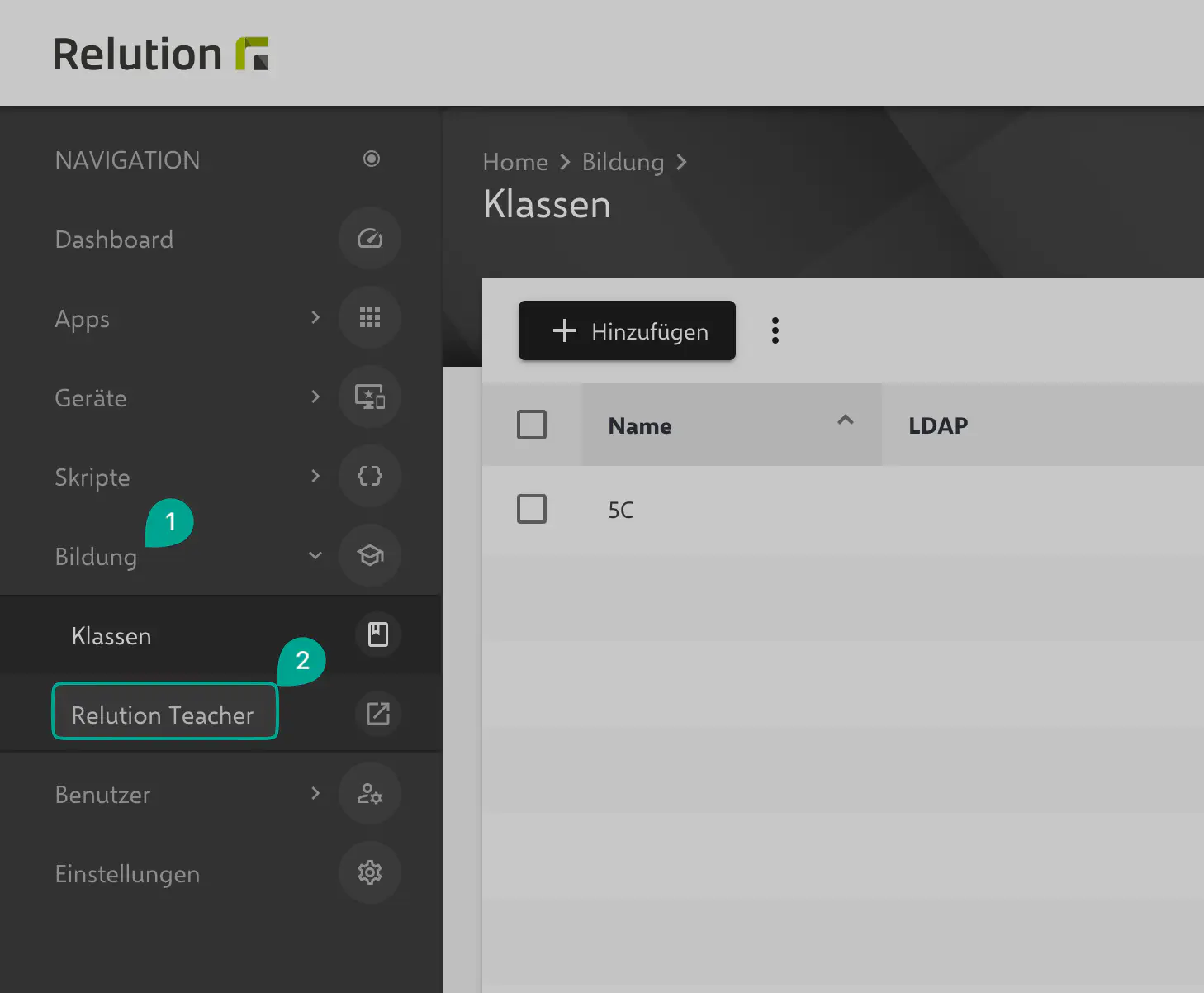 Relution Teacher web app interface in browser for creating lessons
