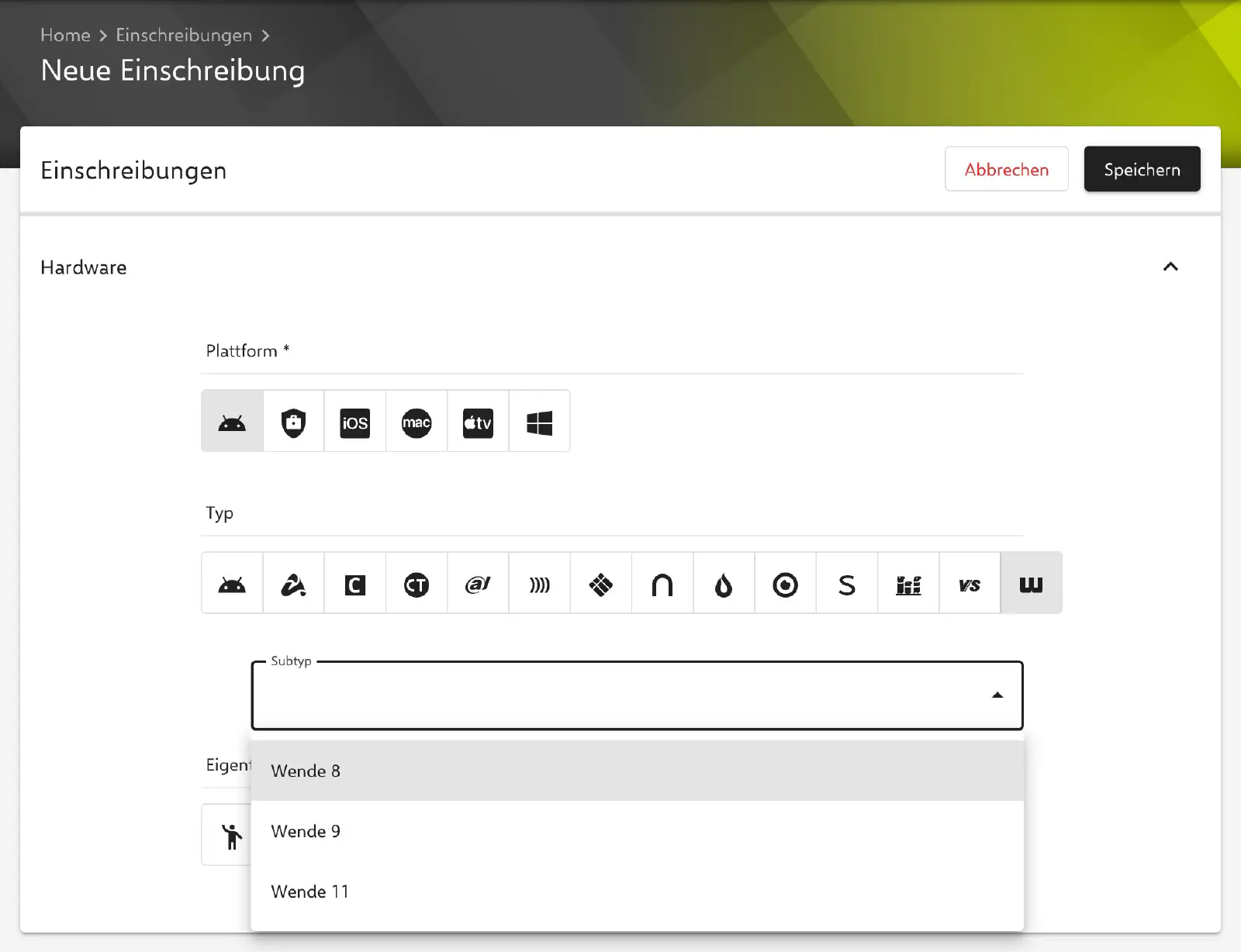 Einschreibungstyp Wende mit Android-Subtyp in Relution auswählen