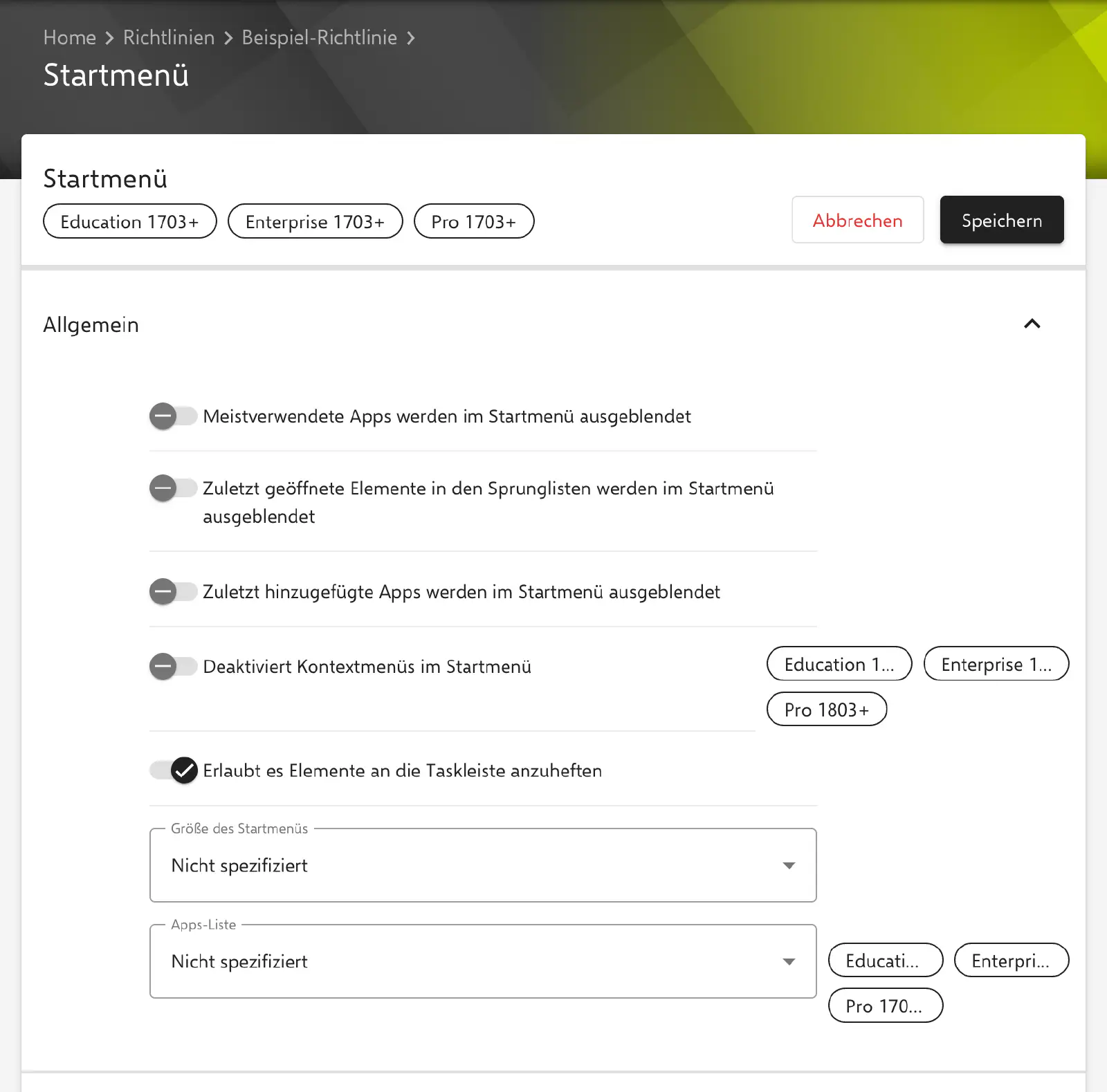 Formular Startmenü im Relution-Portal