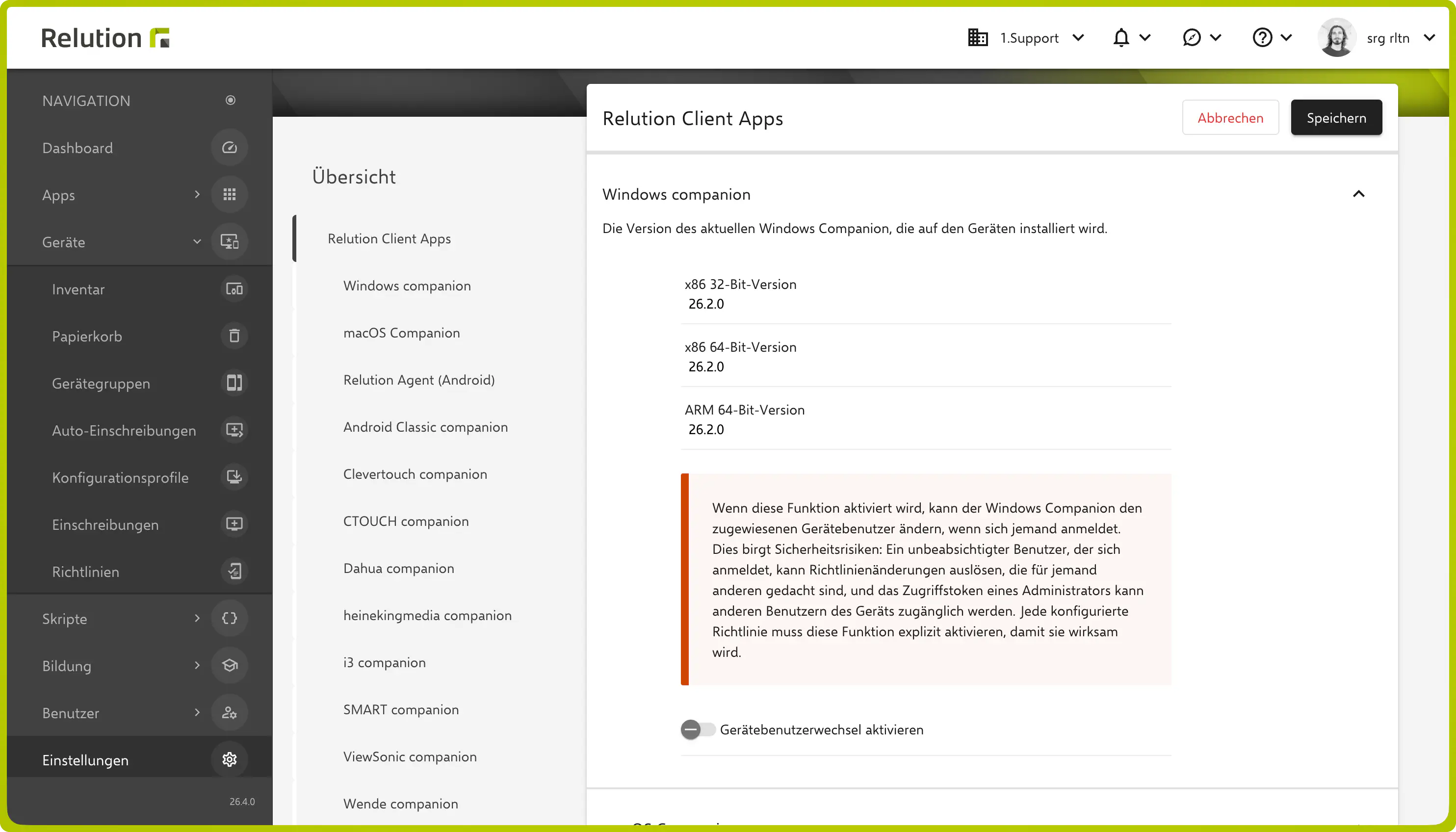 Organisationsweite Aktivierung des Gerätebenutzerwechsels in den Client-App-Einstellungen