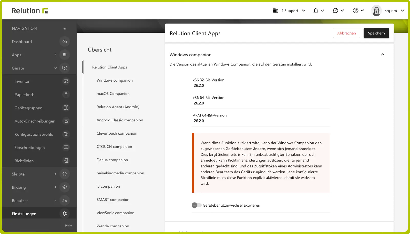 Organisationsweite Aktivierung des Gerätebenutzerwechsels in den Client-App-Einstellungen