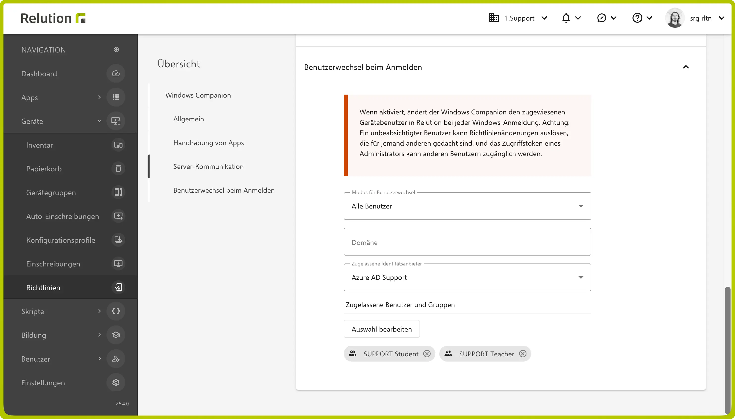 Konfiguration des Benutzerwechsel-Modus, der Domäne, der Identitätsanbieter und der zugelassenen Benutzer/Gruppen in der Windows-Companion-Richtlinie