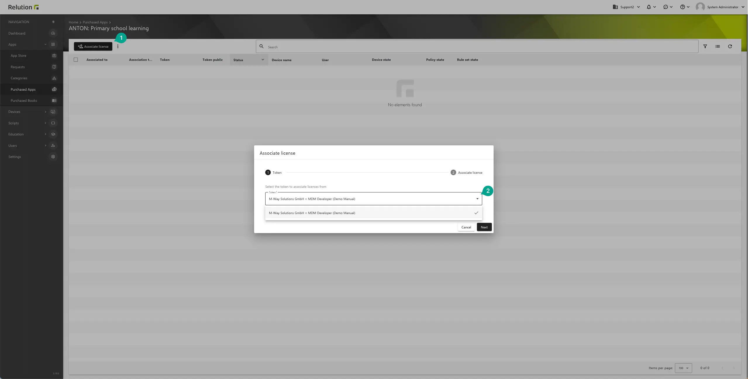Relution VPP license assignment dialog selecting token for specific app distribution