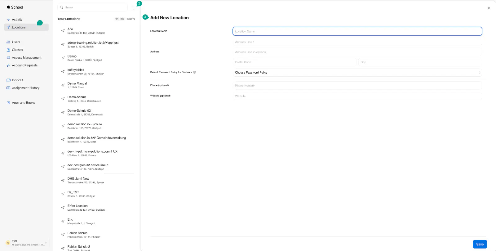 Apple Business Manager Locations section for creating a new VPP location