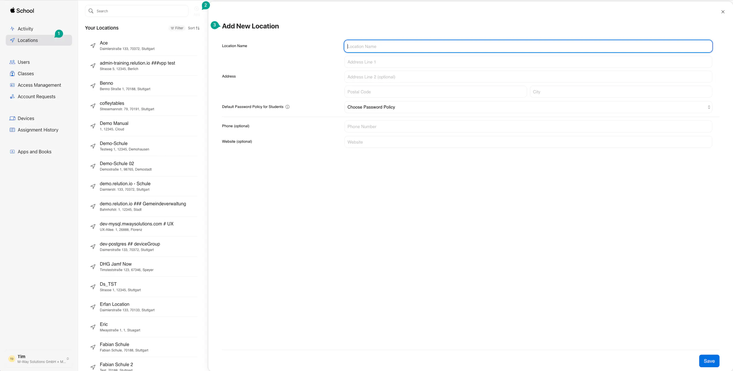 Apple Business Manager Locations section for creating a new VPP location