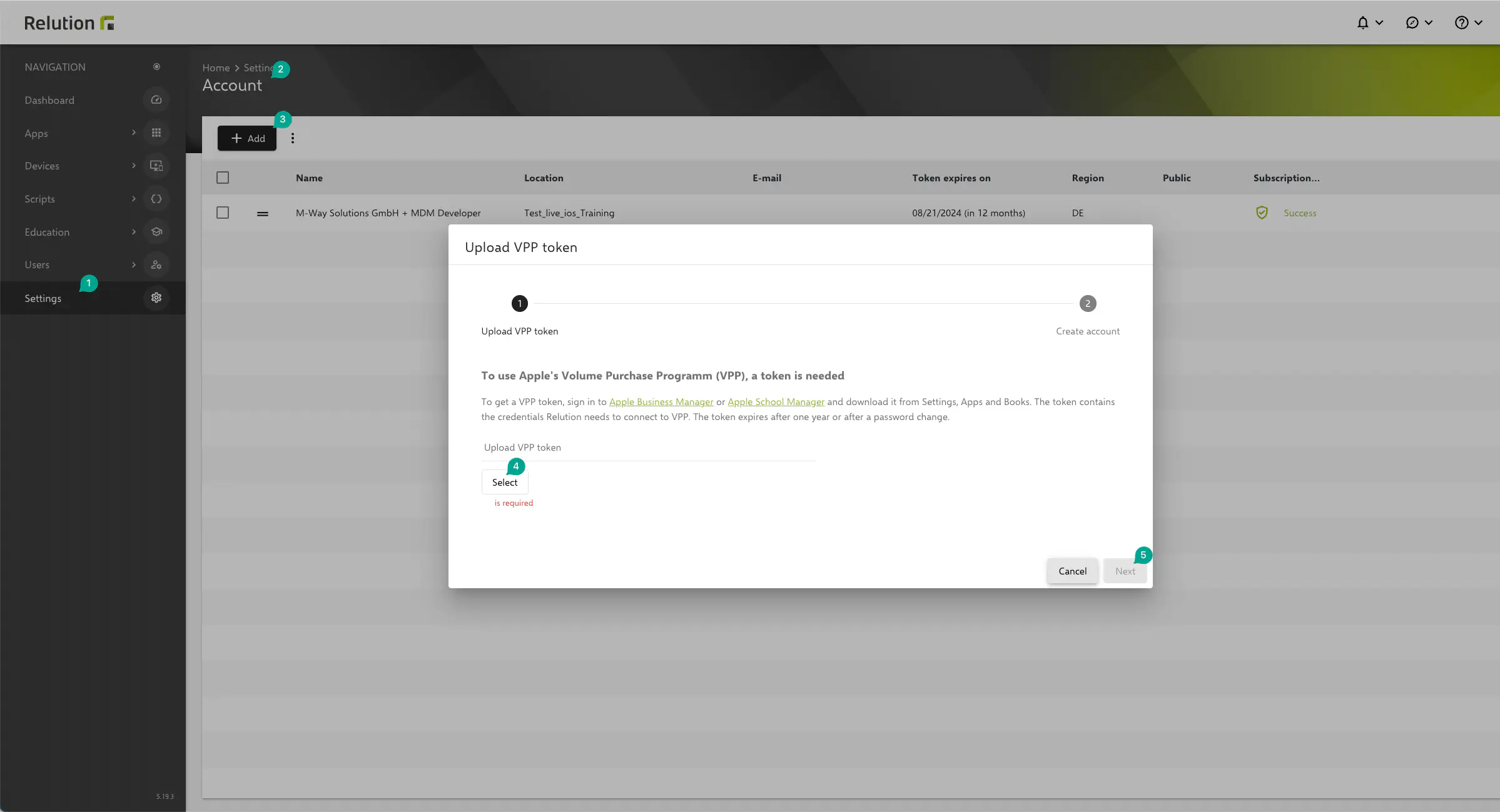 Relution VPP user account settings showing VPP token upload field