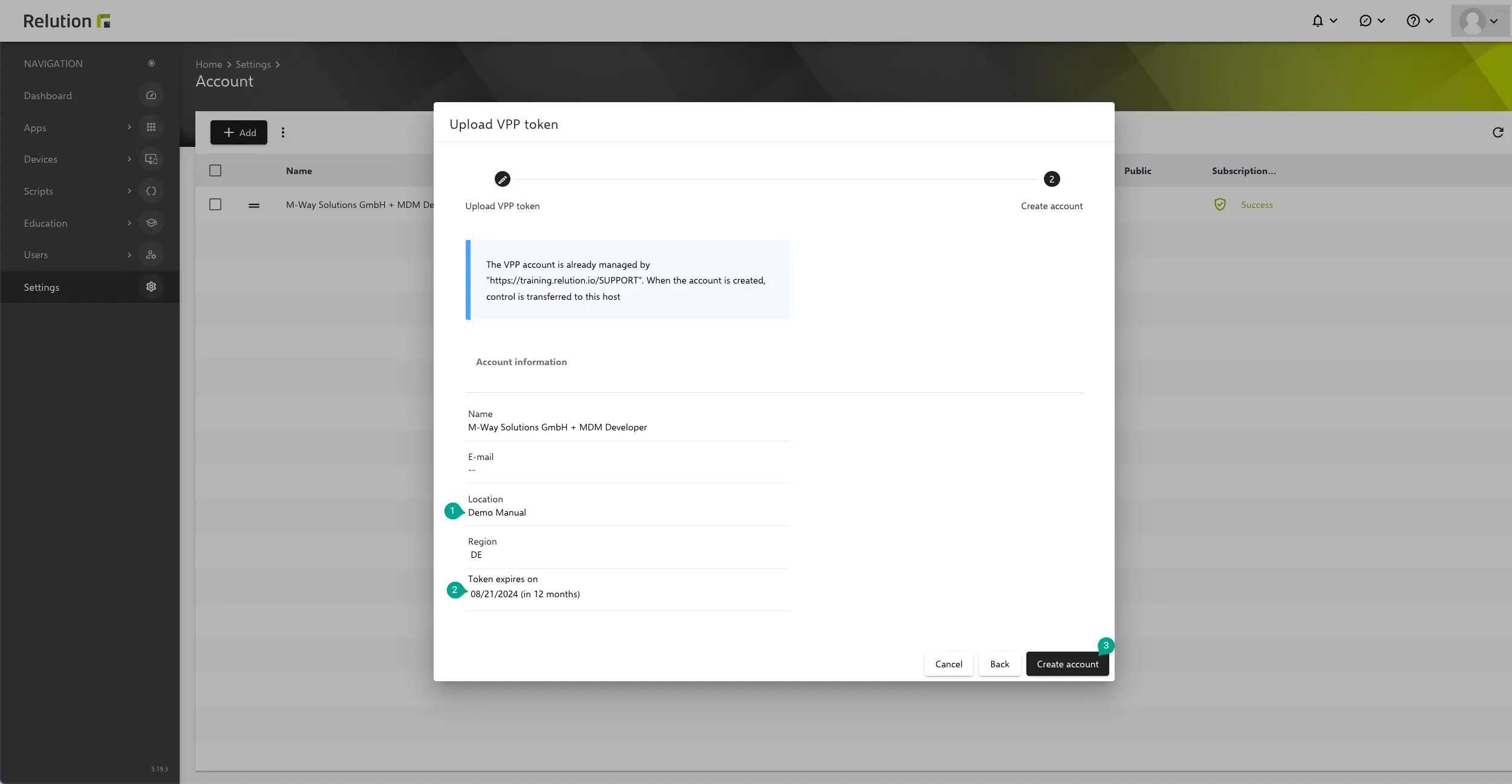 Relution VPP token upload confirmation and successful connection to Apple location