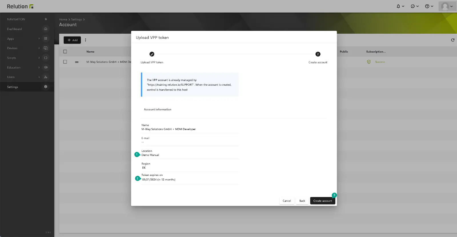 Relution VPP token upload confirmation and successful connection to Apple location