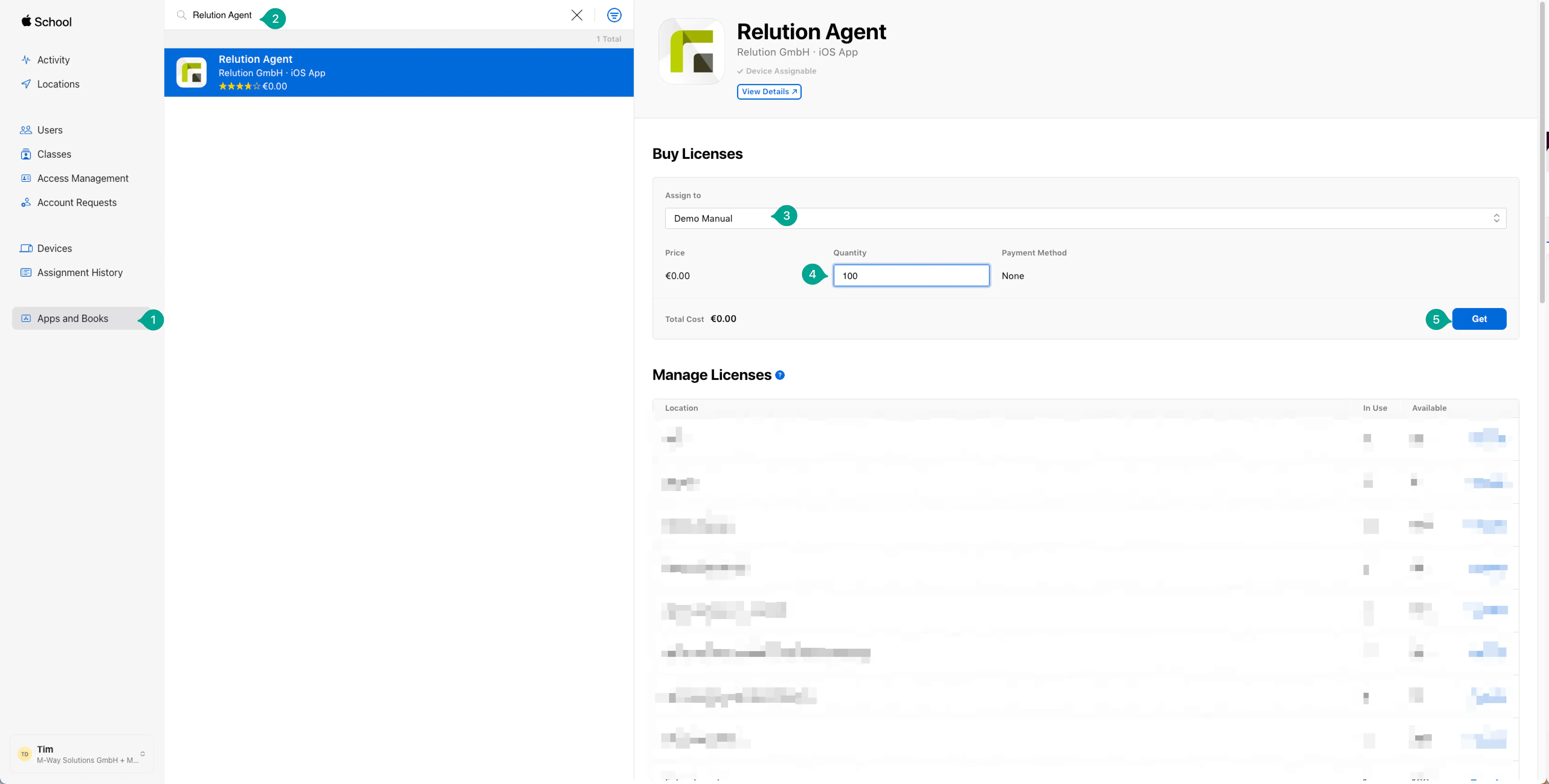Apple Business Manager Apps and Books purchase screen to acquire VPP app licenses
